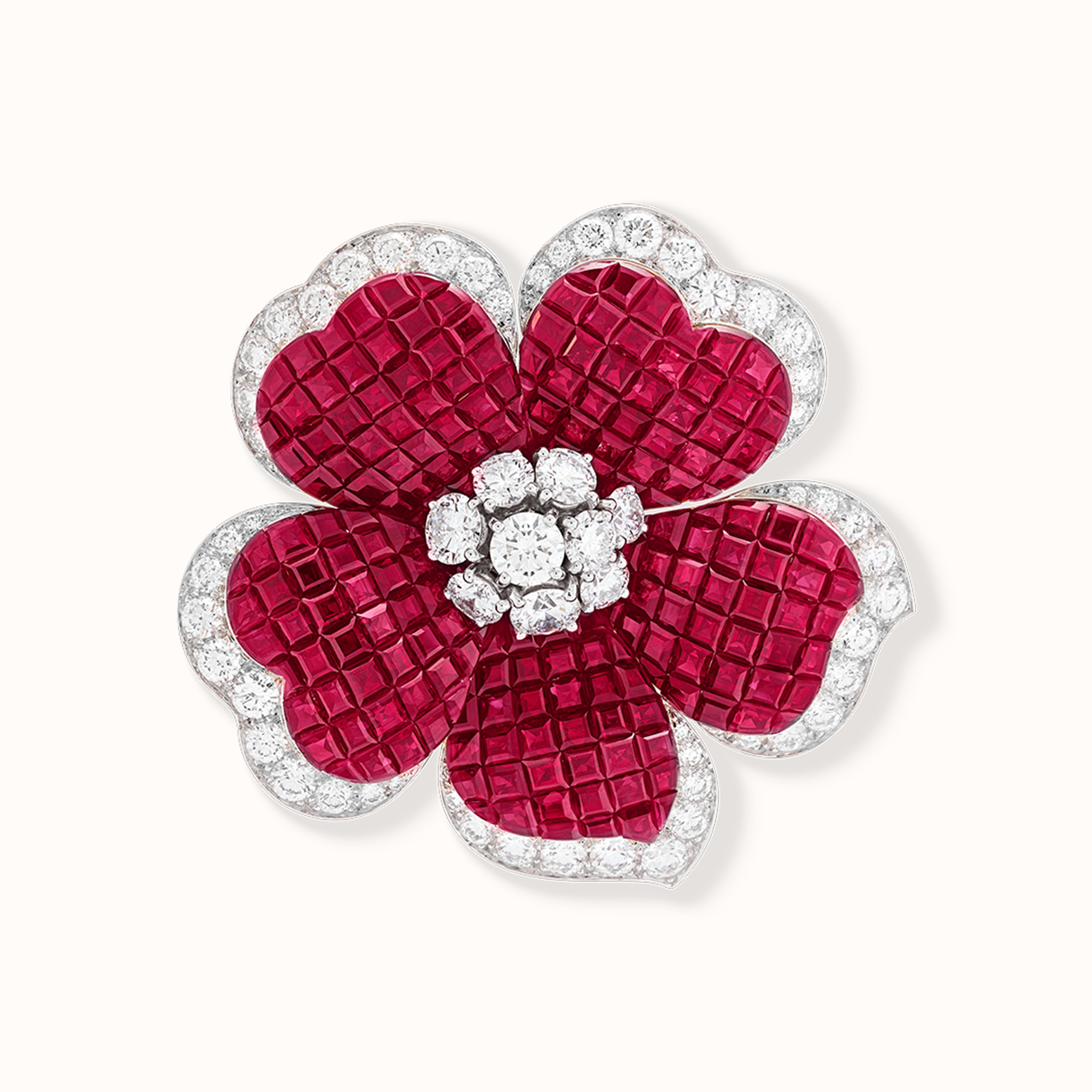 Grand Gloxinia clip, platinum, 18K yellow gold, 18K white gold, 18K rose gold, Traditional Mystery Set rubies, diamonds. Signatures collection, Van Cleef & Arpels.