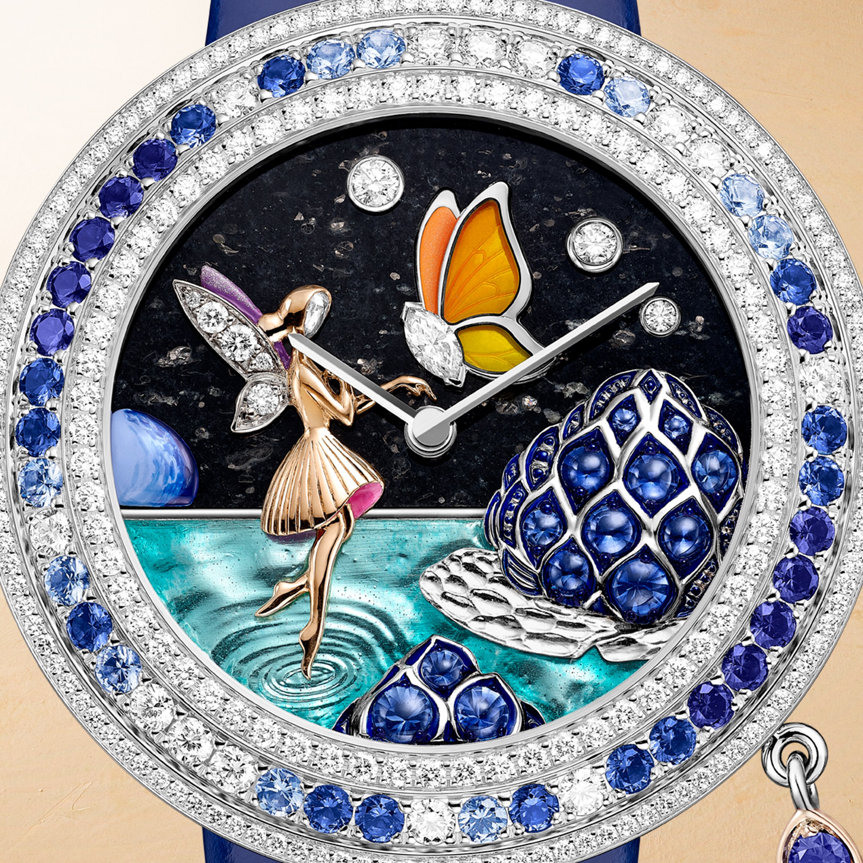 Charms Papillon Férique watch, white gold, aventurine, diamonds, mother-of-pearl, sapphires. Extraordinary dials collection, Van Cleef & Arpels