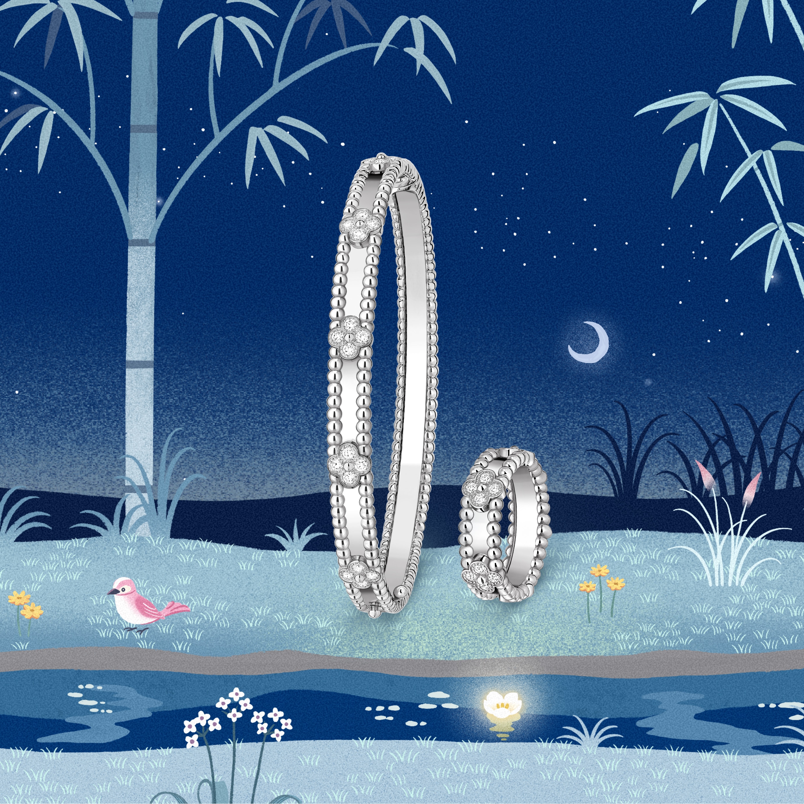 ペルレ スウィートクローバー ブレスレット＆リング、ロジウムコーティングが施された18K ホワイトゴールド、ダイヤモンド。ペルレ コレクション、ヴァン クリーフ＆アーペル。