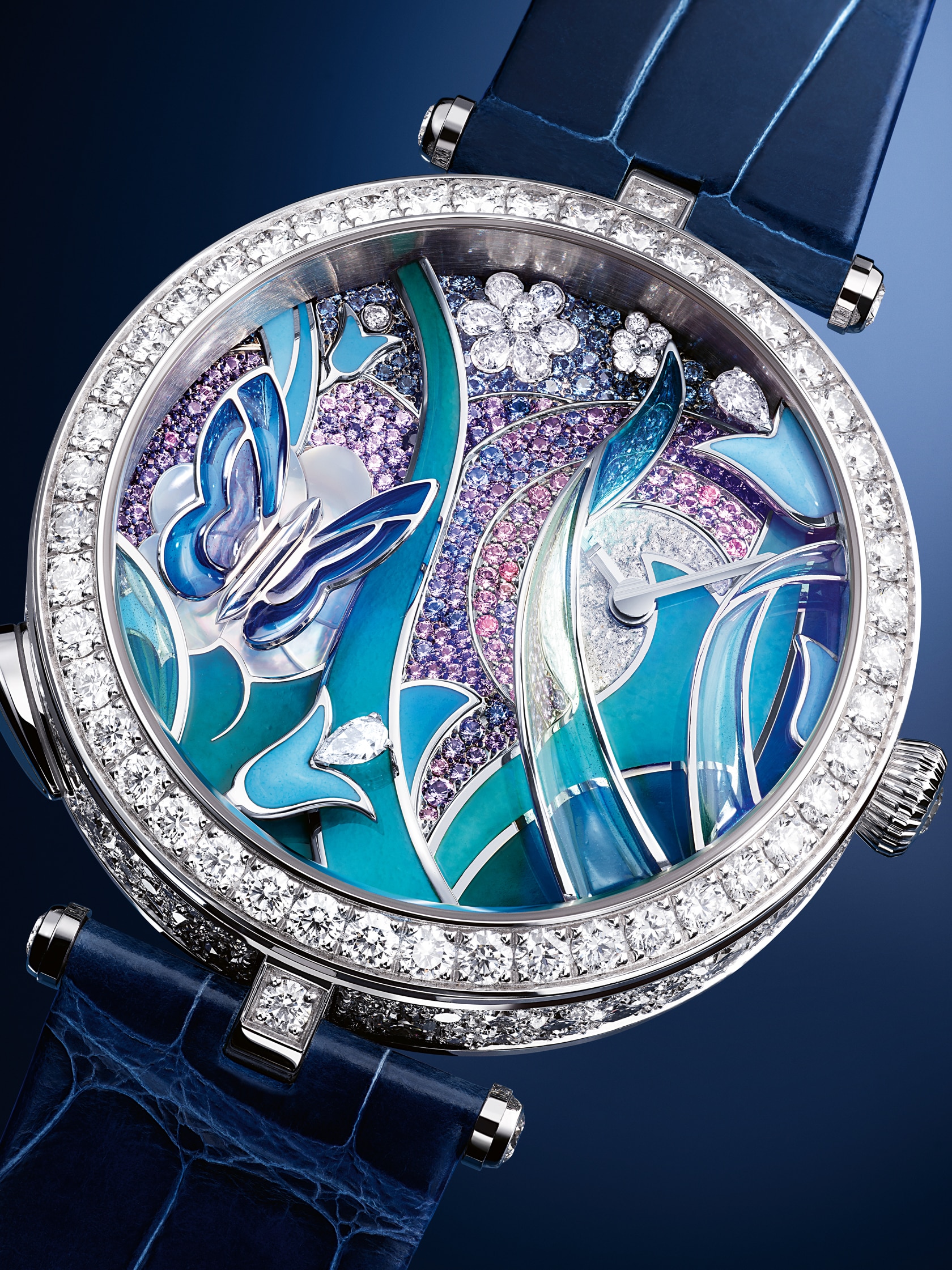 Lady Arpels Papillon Automate watch, rhodium plated 18K white gold, diamonds, blue, mauve and purple sapphires, mother-of-pearl, enamel, automatic mechanical movement, random automaton, animation on demand. Poetic Complications Collection, Van Cleef & Arpels.