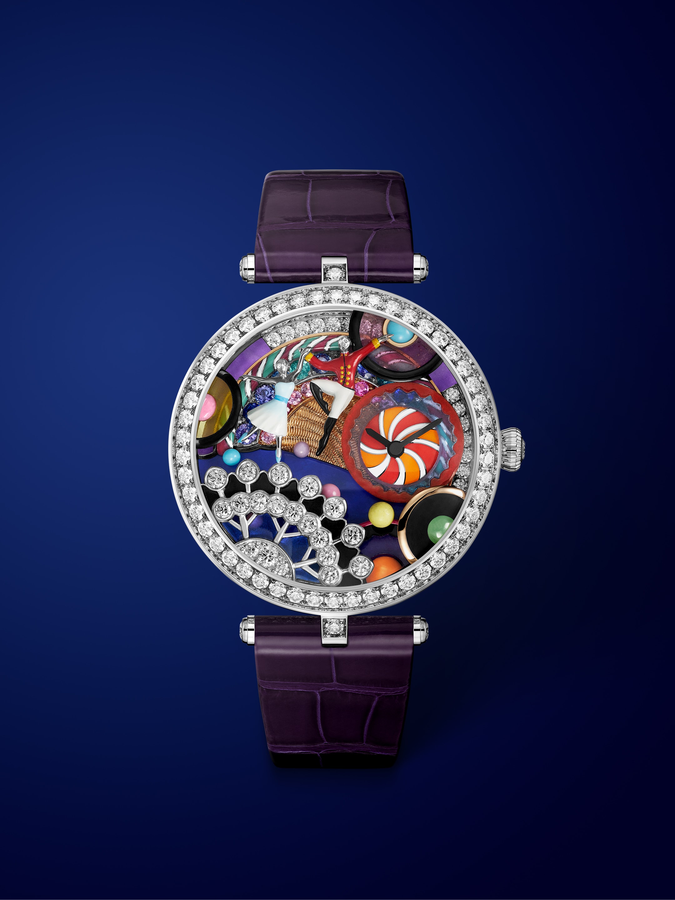 Lady Arpels Casse-Noisette watch, rhodium plated 18K white gold, 18K rose gold, blue, purple and pink sapphires, diamonds, blue tourmalines, sugilite, onyx, lapis lazuli, enamel, miniature painting, manual-winding mechanical movement. Extraordinary Dials Collection, Van Cleef & Arpels.