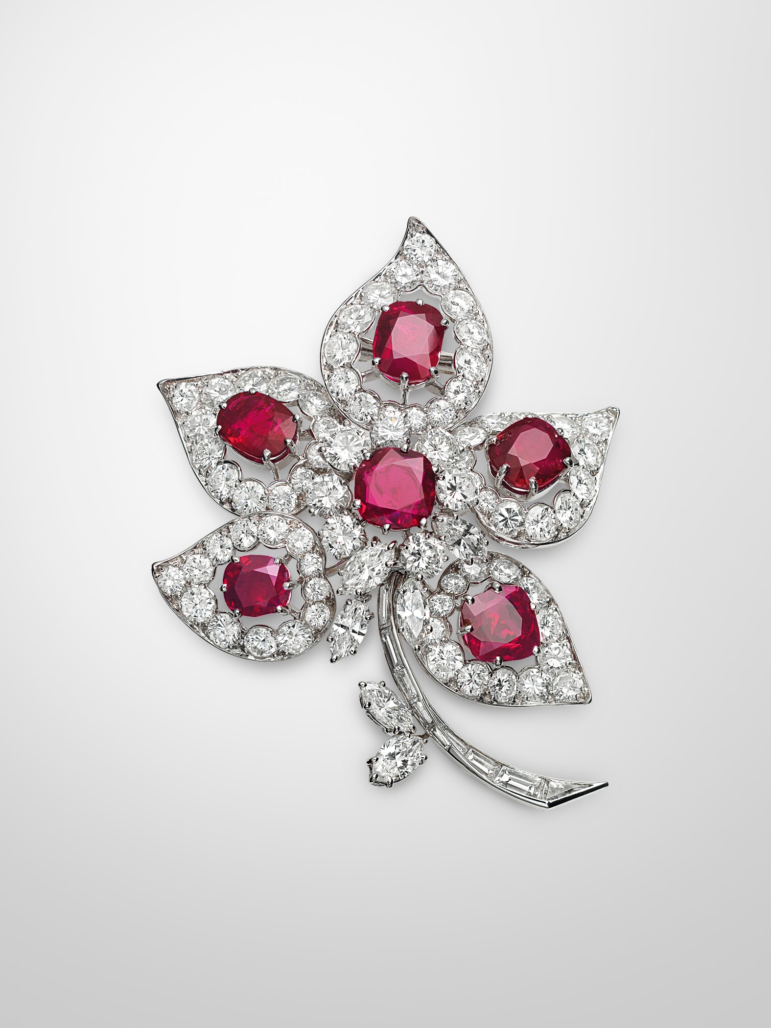 Five Leaves clip 1967, platinum, rubies, diamonds. Van Cleef & Arpels collection.