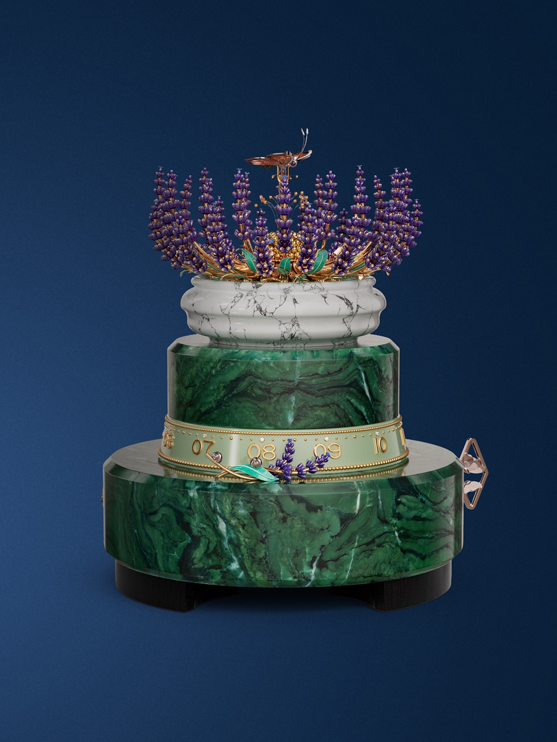 Brassée de lavande automaton. Rose, yellow and white gold, pink sapphires, amethysts, tiger's eye, verdite, howlite, diamonds, enamel, lacquer, ebony, leather, aluminium, steel. Automaton and mechanical movements, 12-hour/minute function on a 360-degree rotating ring, 8-day power reserve, on-demand animation with a melody, carillon of 5 bells and hammers. Extraordinary Objects™ collection, Van Cleef & Arpels.