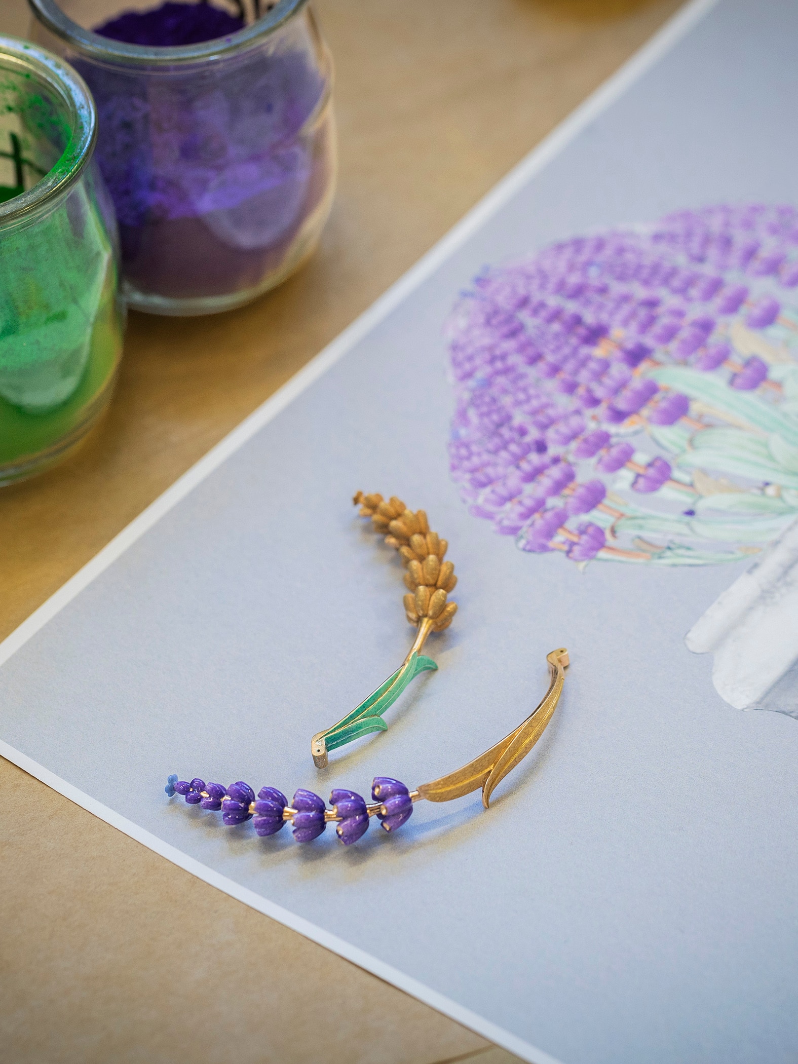 Comparing the lacquered lavender sprig to the original drawing, Van Cleef & Arpels.