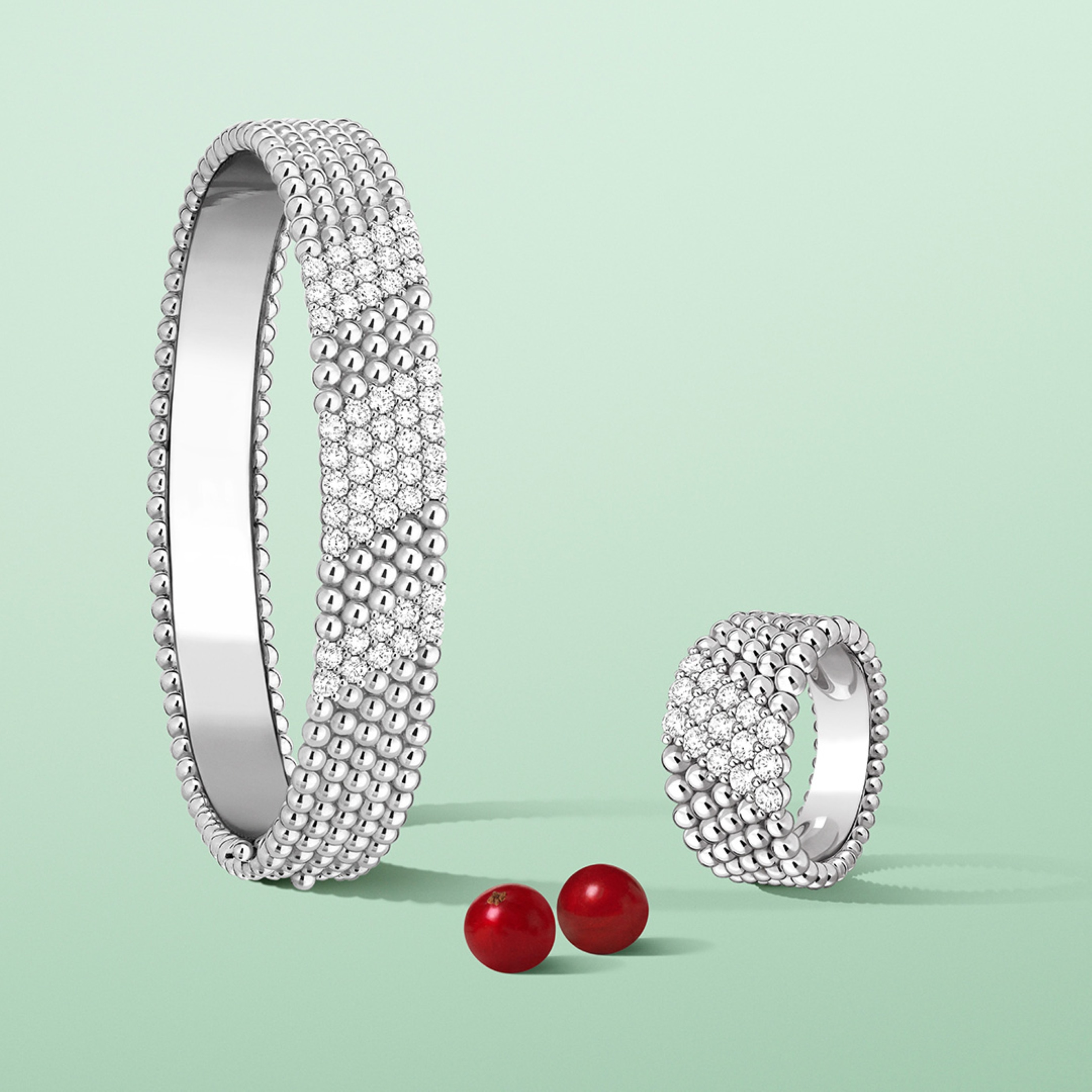 Perlée diamonds bracelet, 5 rows, medium model and Perlée diamonds ring, 5 rows, 18K white gold, diamonds. Perlée collection, Van cleef & Arpels.
