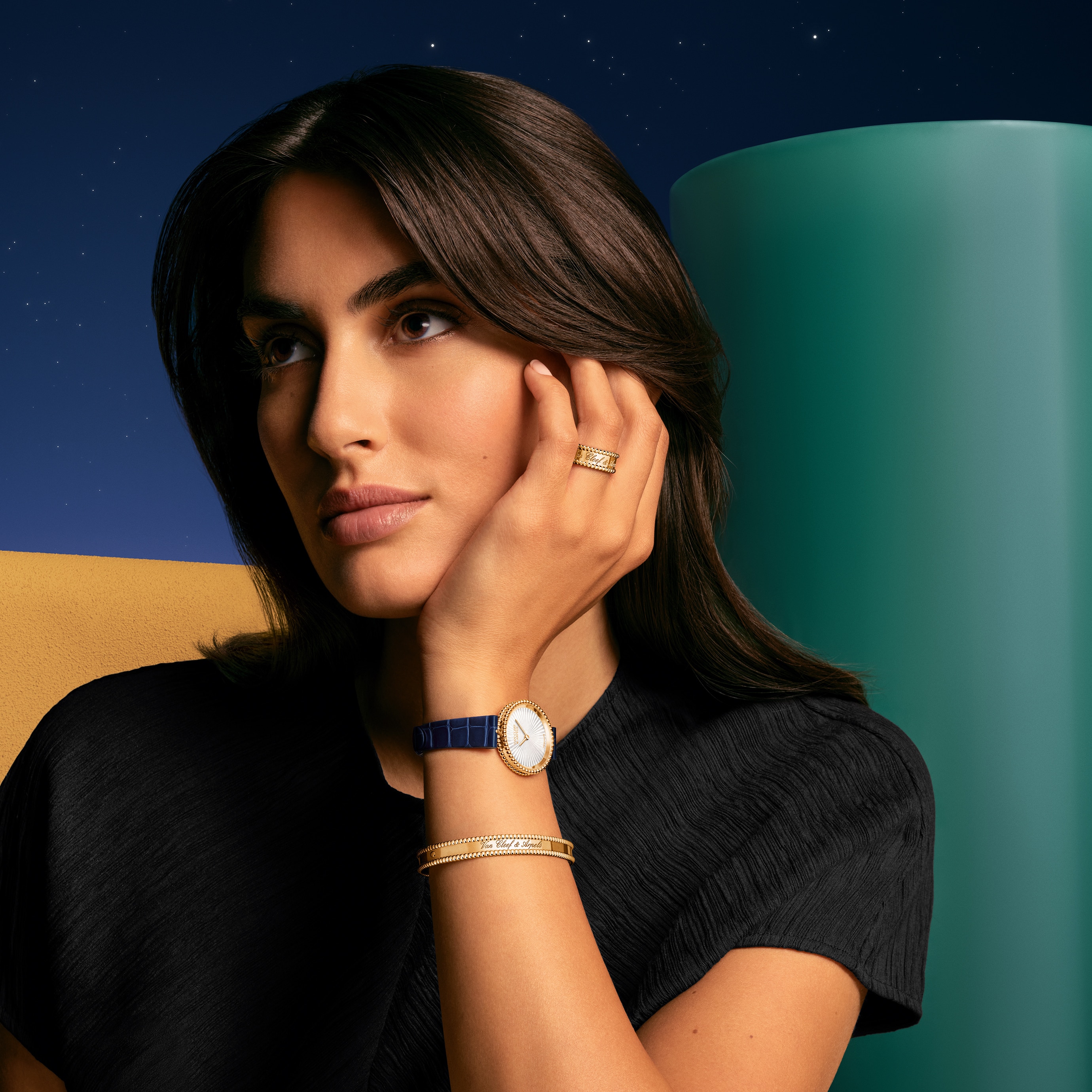 Perlée signature ring and bracelet, 18K yellow gold.  Perlée watch, 30 mm, 18K yellow gold, guilloché white mother-of-pearl, Swiss quartz movement. Perlée collection, Van Cleef & Arpels.