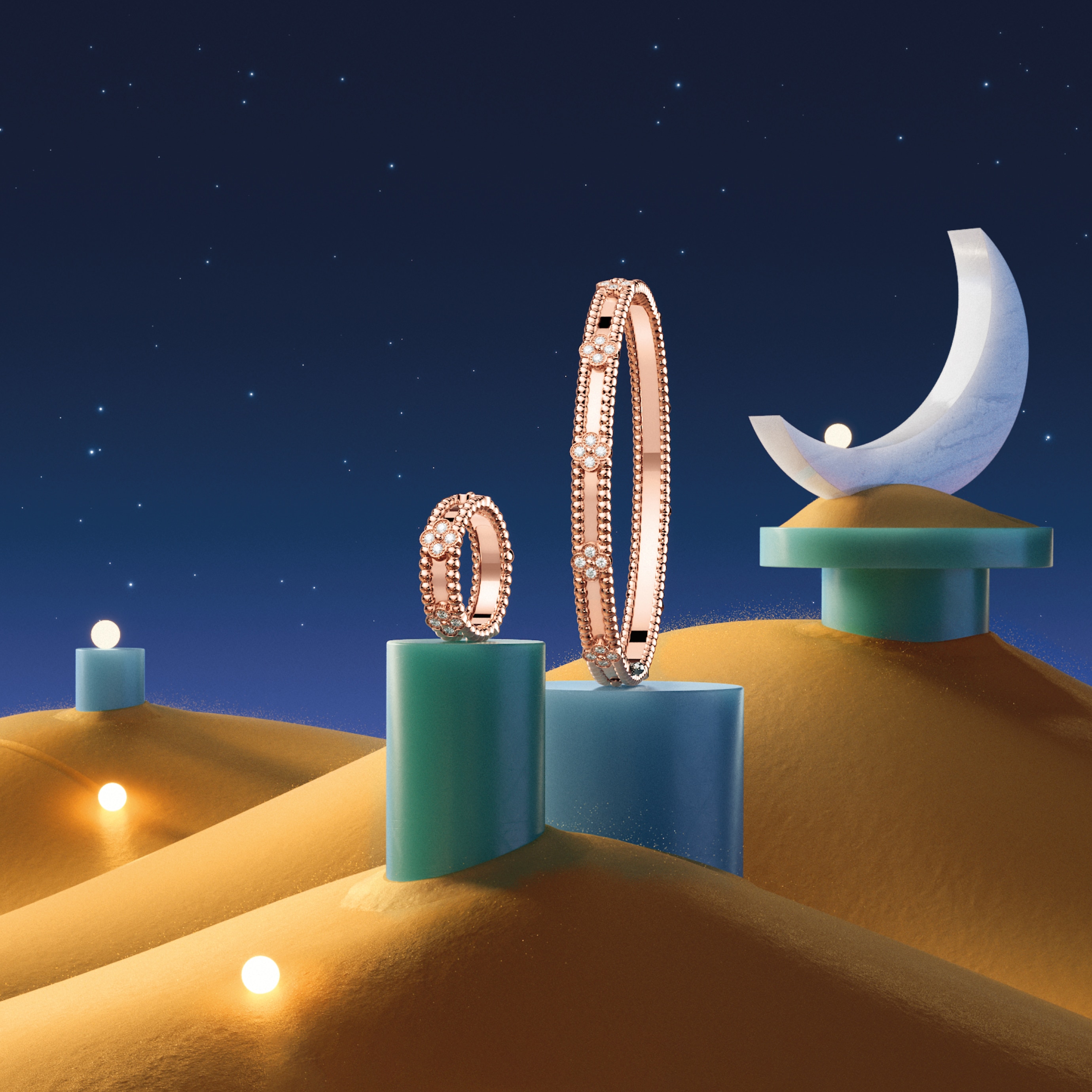 Perlée sweet clovers ring and bracelet, 18K rose gold, diamonds. Perlée collection, Van Cleef & Arpels.