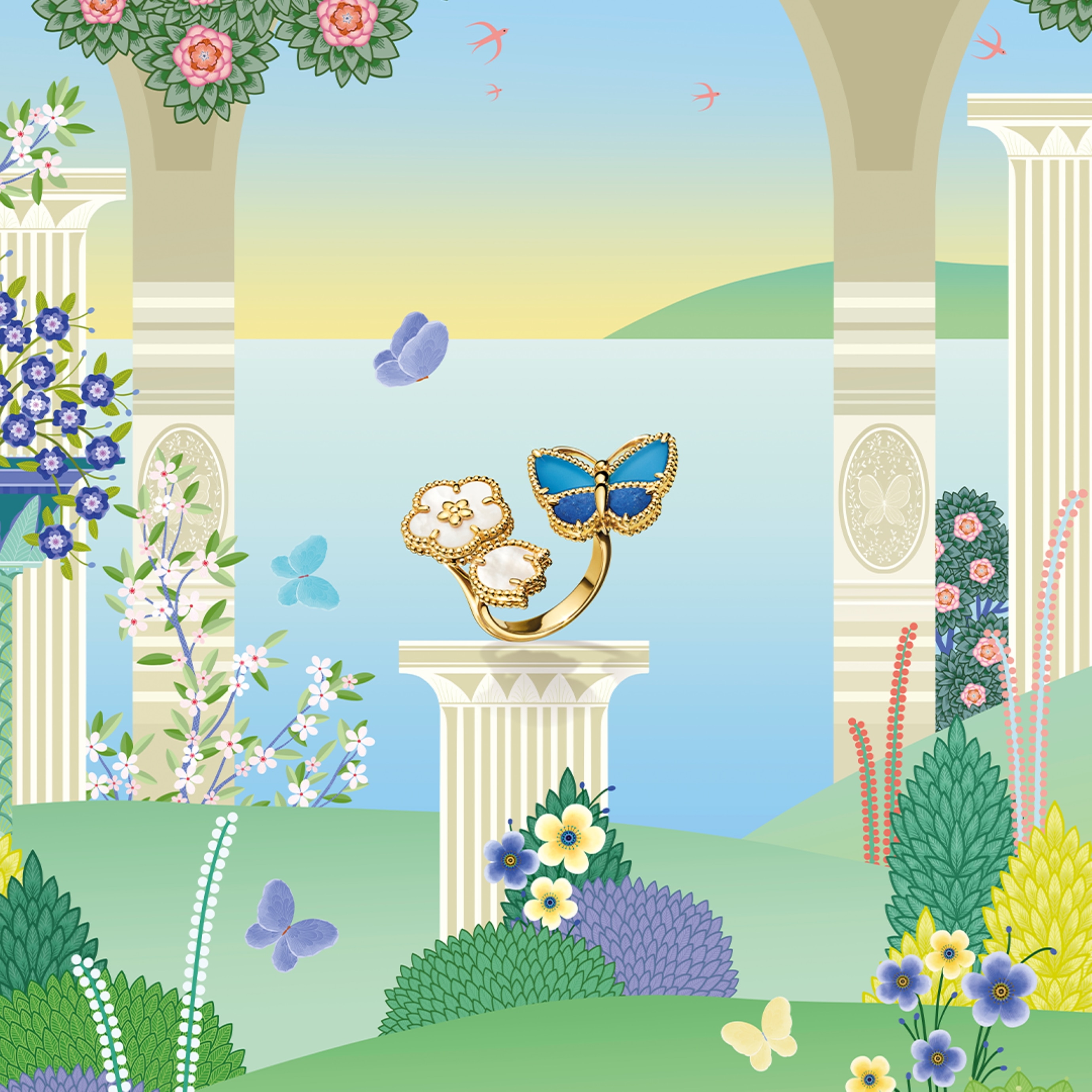 Lucky Spring Butterfly Between the Finger 指間戒，黃K金，青金石，藍瑪瑙，白色珍珠母貝。Lucky Spring 系列，Van Cleef & Arpels 梵克雅寶。