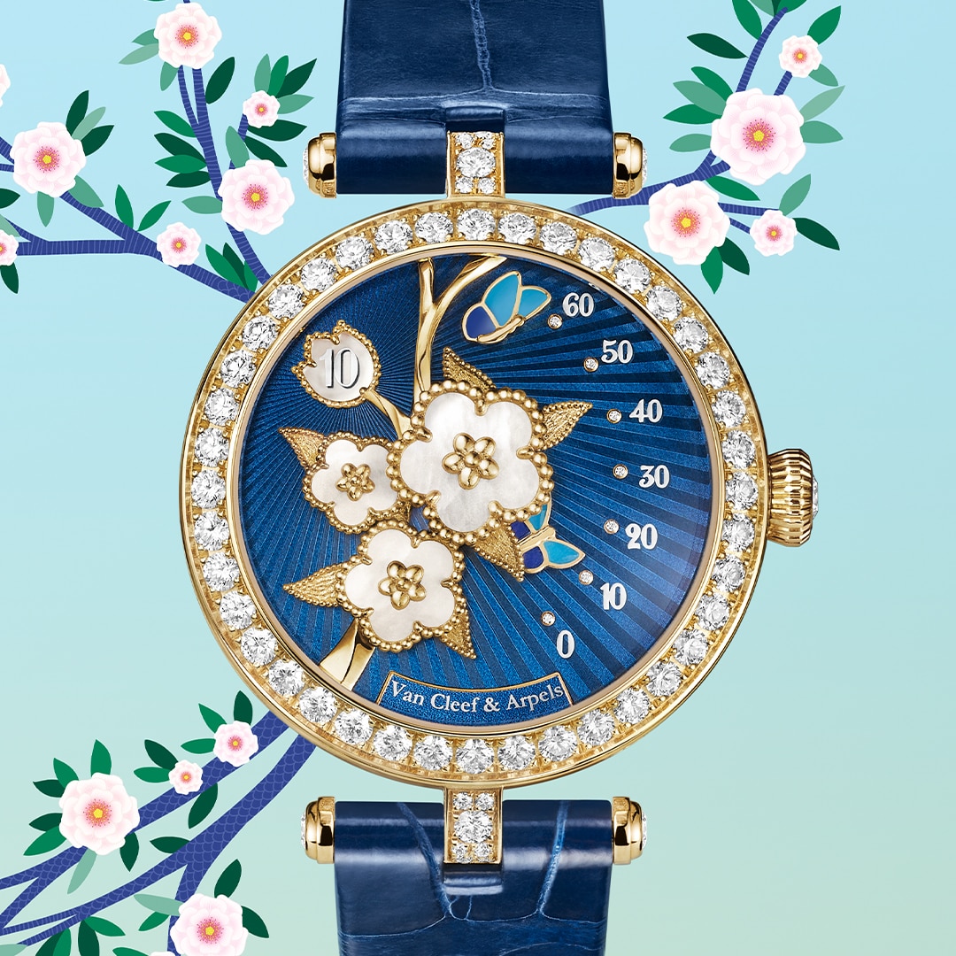 Lady Lucky Spring butterfly 腕錶，18K黃金，琺瑯，白色珍珠母貝，鑽石，自動上鍊機械機芯，具有逆跳分鐘和跳時功能。Poetic Complications 詩意複雜功能系列，Van Cleef & Arpels 梵克雅寶。