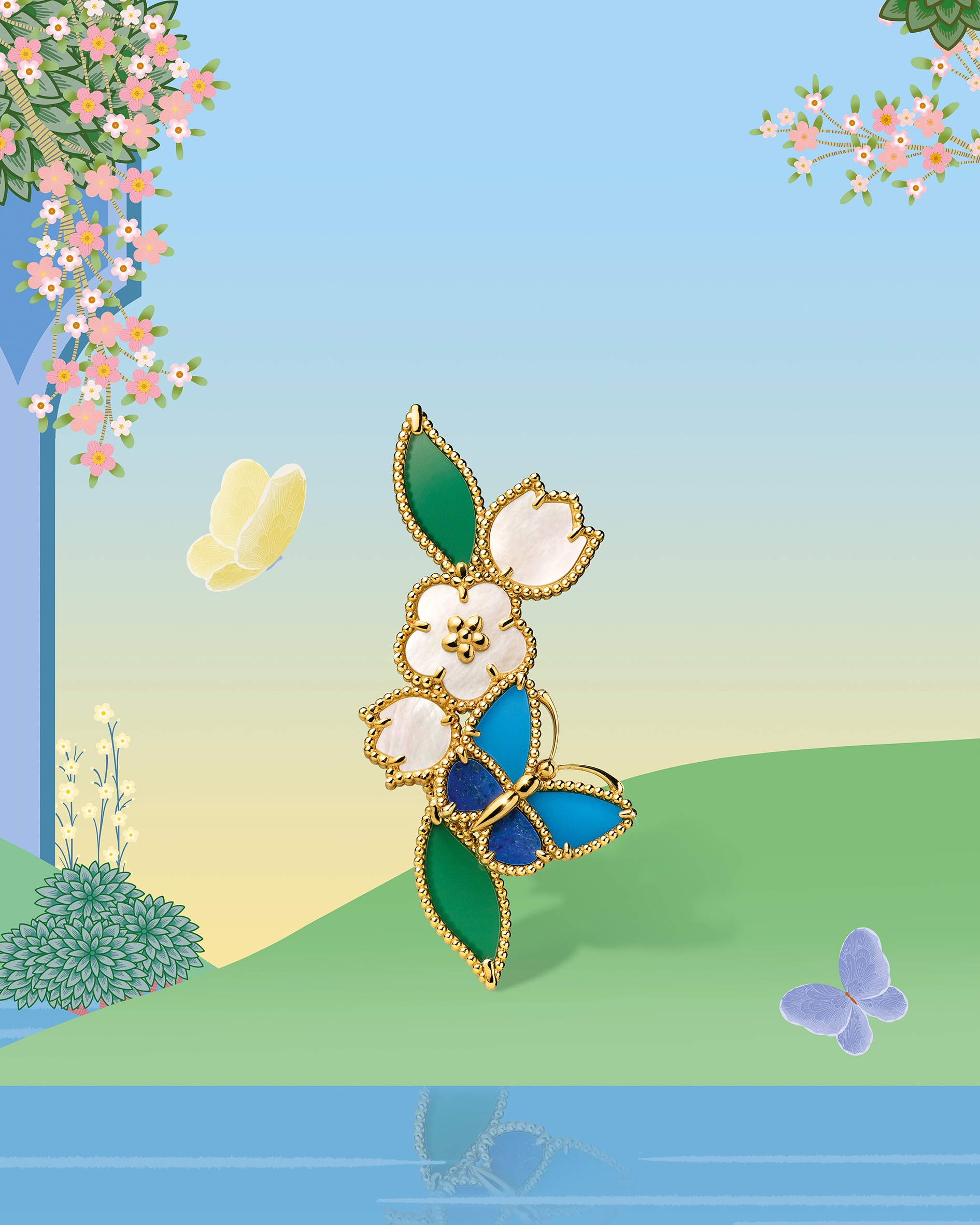 Lucky Spring Butterfly clip, 18K yellow gold, lapis lazuli, blue and green agate, white mother-of-pearl. Lucky Spring collection, Van Cleef & Arpels.