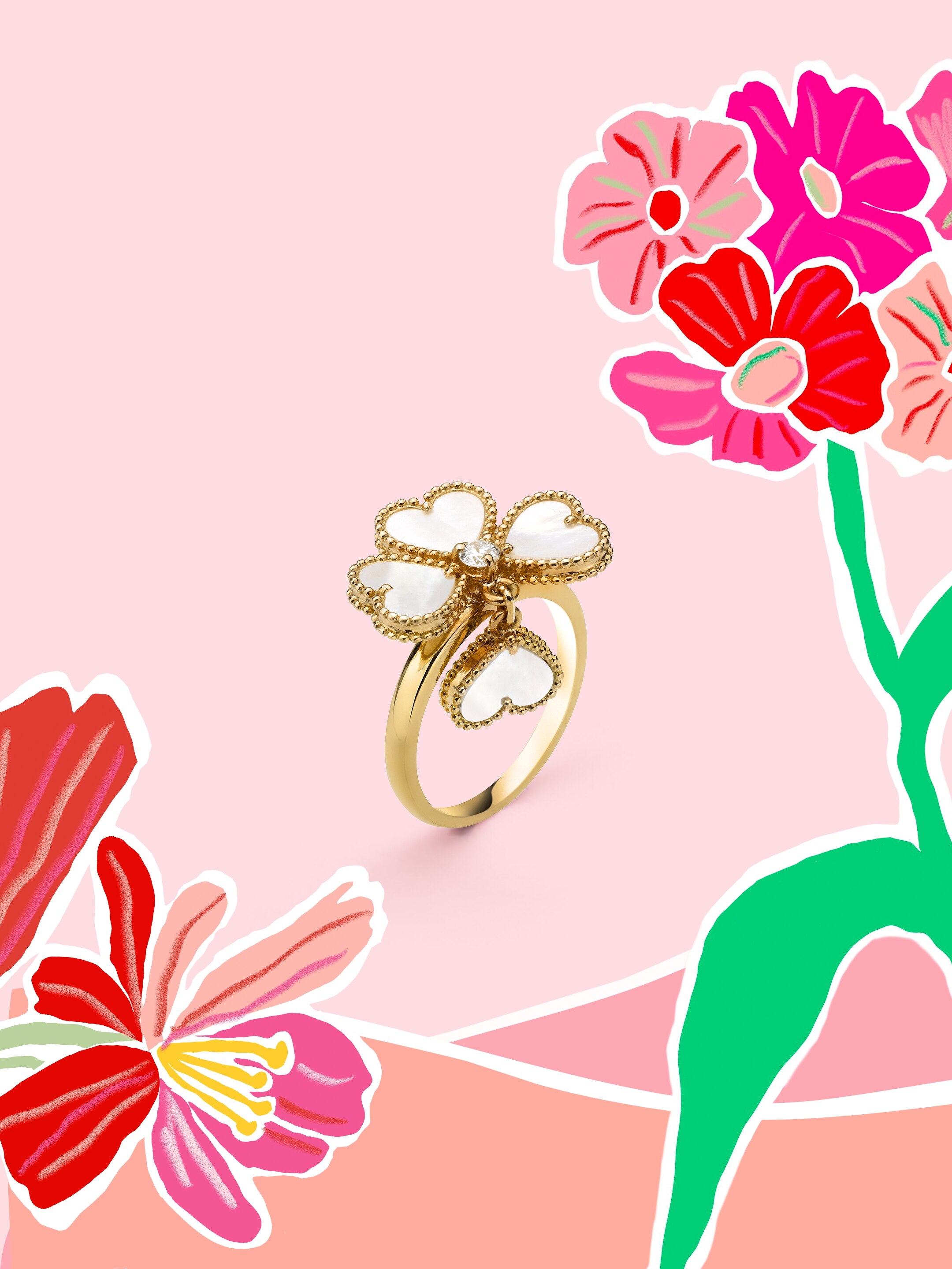 Sweet Hearts ring, 18K yellow gold, white mother-of-pearl, diamond. Sweet Hearts collection, Van Cleef & Arpels.