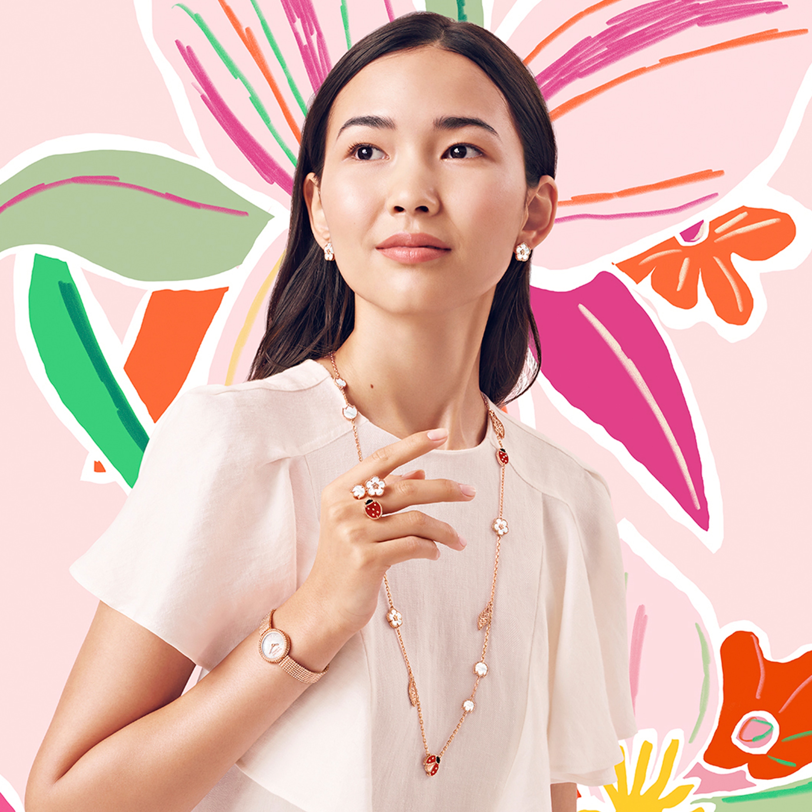 Lucky Spring earrings, plum blossom, 18K rose gold, white mother-of-pearl. Lucky Spring long necklace, 15 motifs and Lucky Spring Between the Finger Rings™, 18K rose gold, white mother-of-pearl, carnelian, onyx. Lucky Spring collection, Van Cleef & Arpels. Perlée® watch, 23 mm, 18K rose gold, white mother-of-pearl, Swiss quartz movement. Perlée® collection, Van Cleef & Arpels.