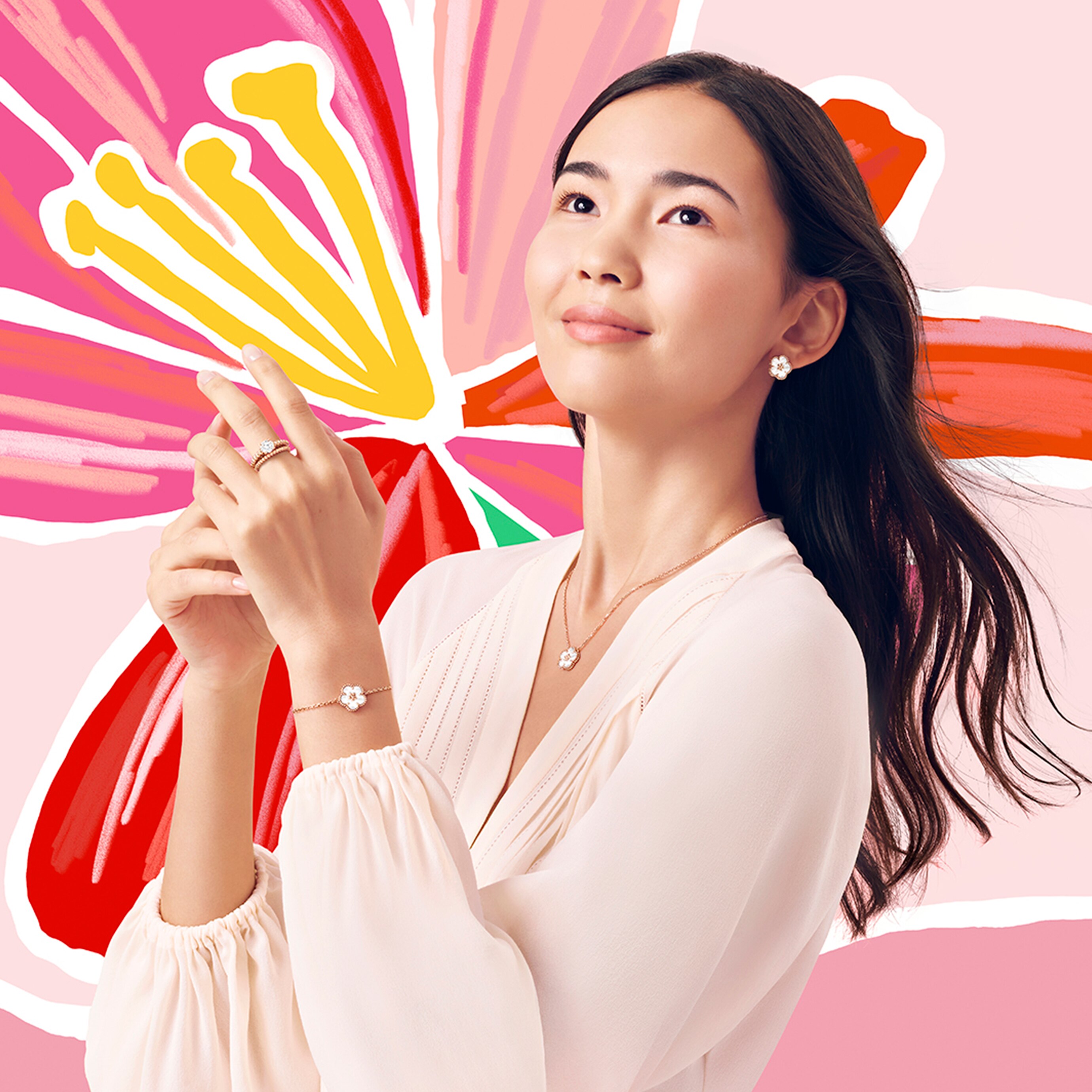 Lucky Spring earrings, bracelet and pendant, plum blossom, 18K rose gold, white mother-of-pearl. Lucky Spring collection, Van Cleef & Arpels. Perlée® solitaire, 18K rose gold, one round 1.00 ct EVVS2 diamond, Perlée® pearls of gold ring, small model, 18K rose gold. Perlée® collection, Van Cleef & Arpels.