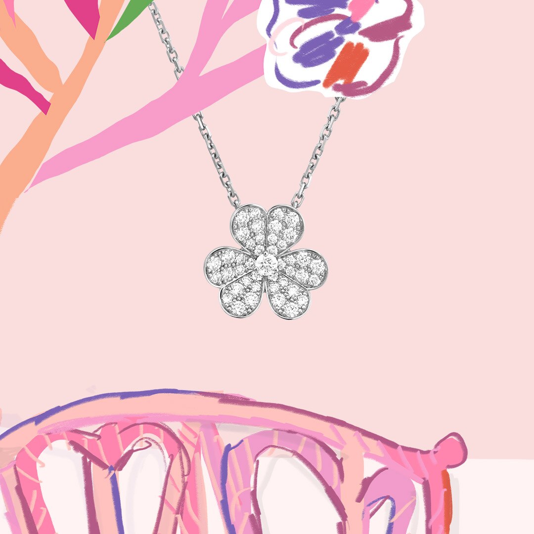 Frivole pendant, small model, 18K white gold, diamonds. Frivole® collection, Van Cleef & Arpels.