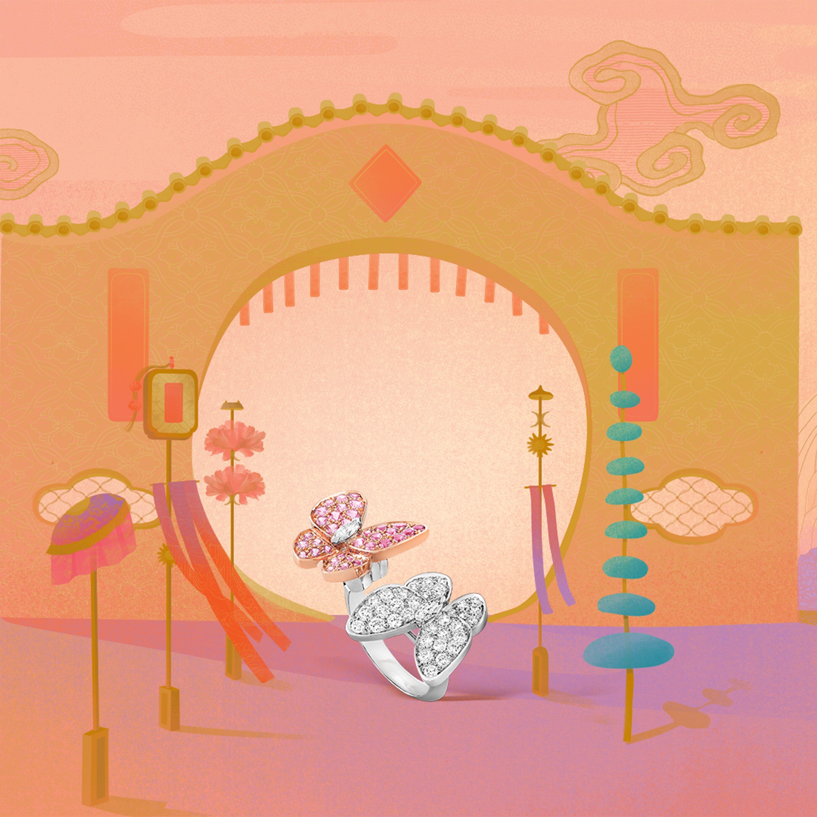 Two Butterfly Between the Finger™ ring, 18K white gold, 18K rose gold, pink sapphires, diamonds.Two Butterfly collection, Van Cleef & Arpels.