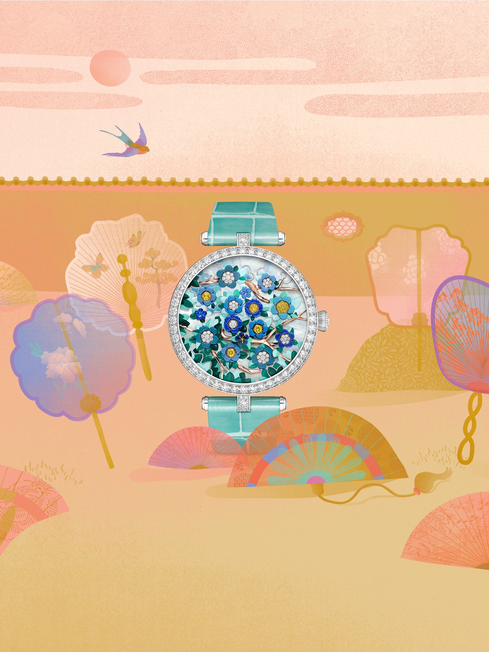 Lady Arpels Heures Florales watch, 18K white gold, 18K rose gold, 18K yellow gold, yellow and white diamonds, white mother-of-pearl and miniature painting. Swiss-made self-winding mechanical movement. Poetic Complications® collection, Van Cleef & Arpels.