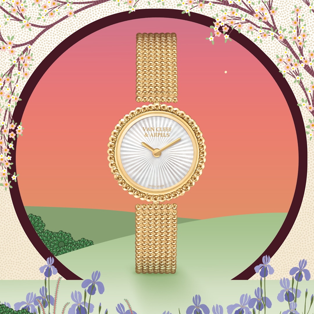 Perlée watch, 23 mm, 18K yellow gold, white mother-of-pearl, Swiss quartz movement. Perlée® collection, Van Cleef & Arpels.