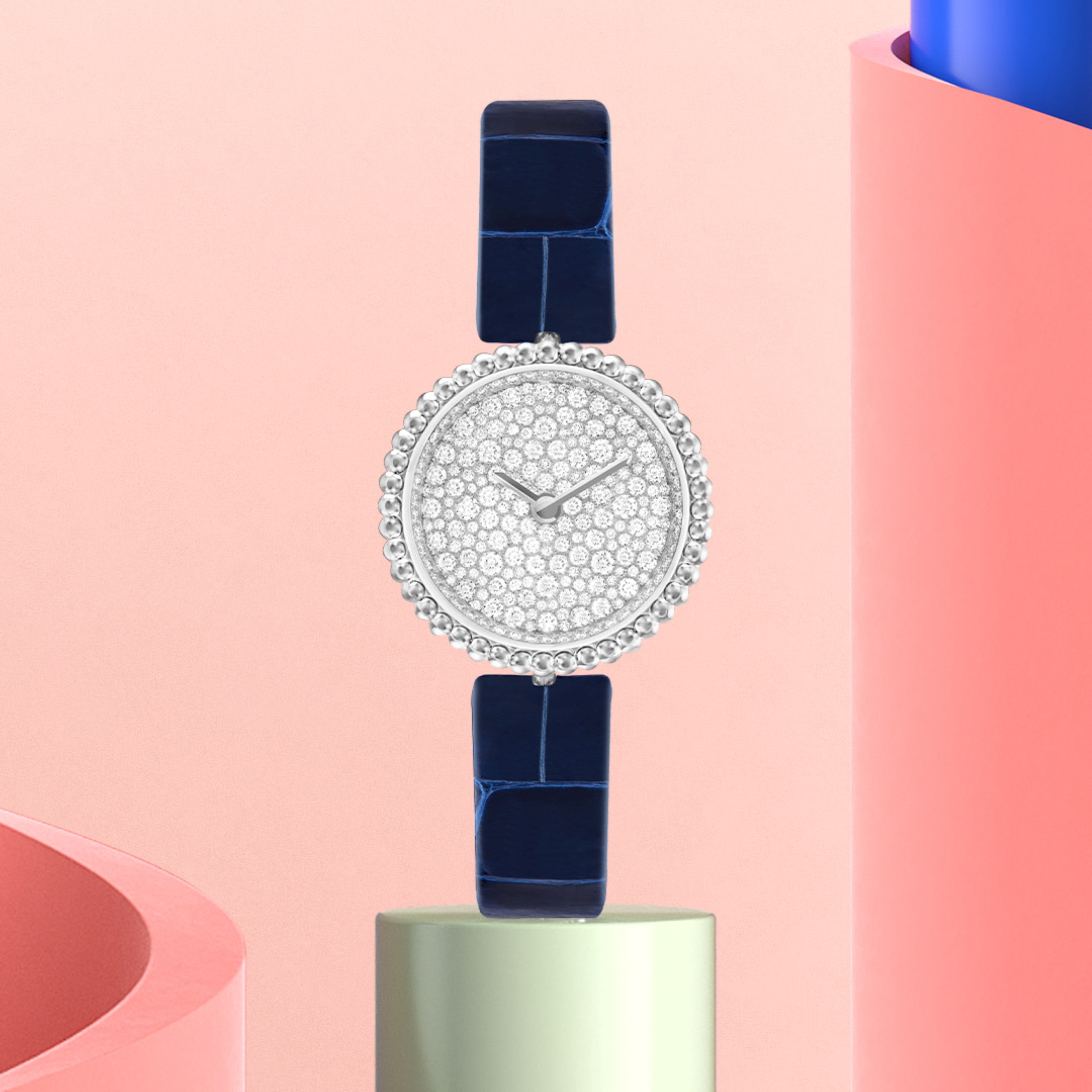 Perlée watch, 23 mm, 18K white gold, diamonds, Swiss quartz movement. Perlée collection, Van Cleef & Arpels.