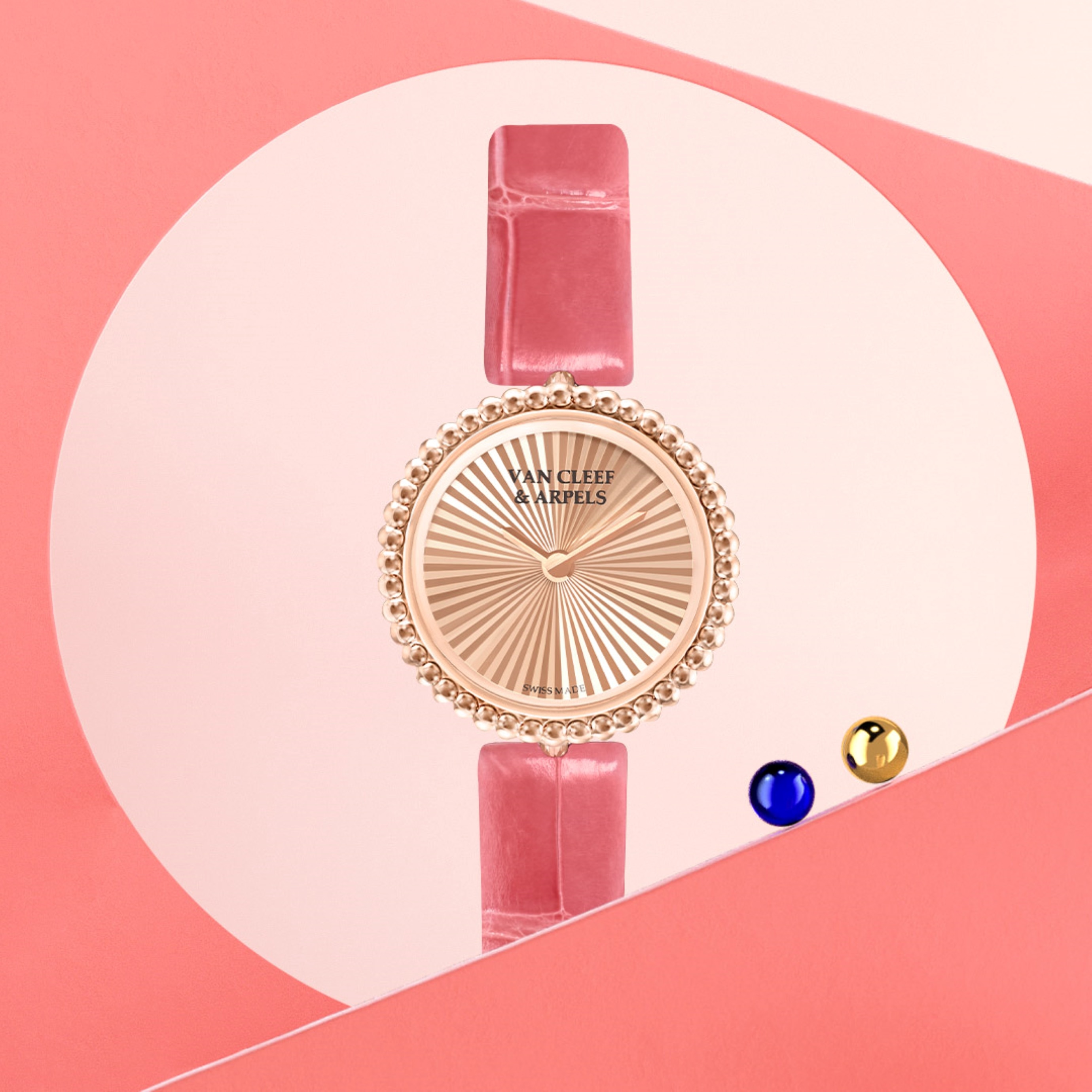 Perlée watch, 23 mm, 18K rose gold, Swiss quartz movement. Perlée collection, Van Cleef & Arpels.