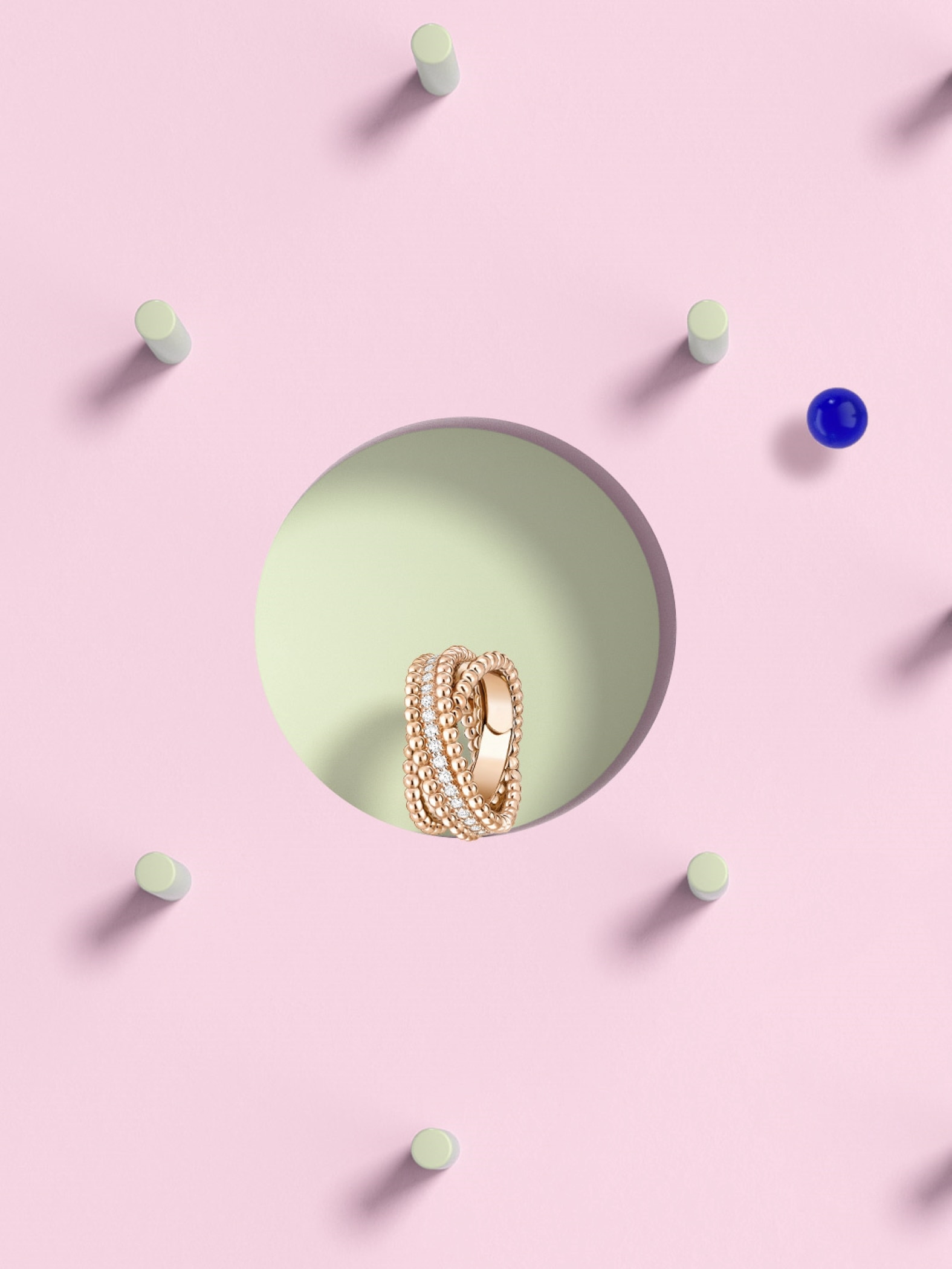 Perlée diamonds duo ring, 18K rose gold, diamonds. Perlée® collection, Van Cleef & Arpels.