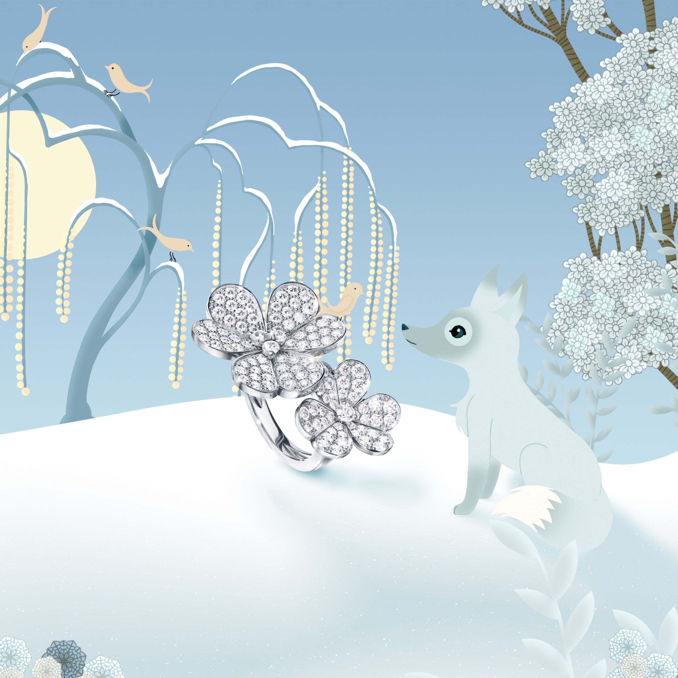 Frivole® Between the Finger Rings™, rhodium plated 18K white gold, round diamonds. Frivole collection, Van Cleef & Arpels.