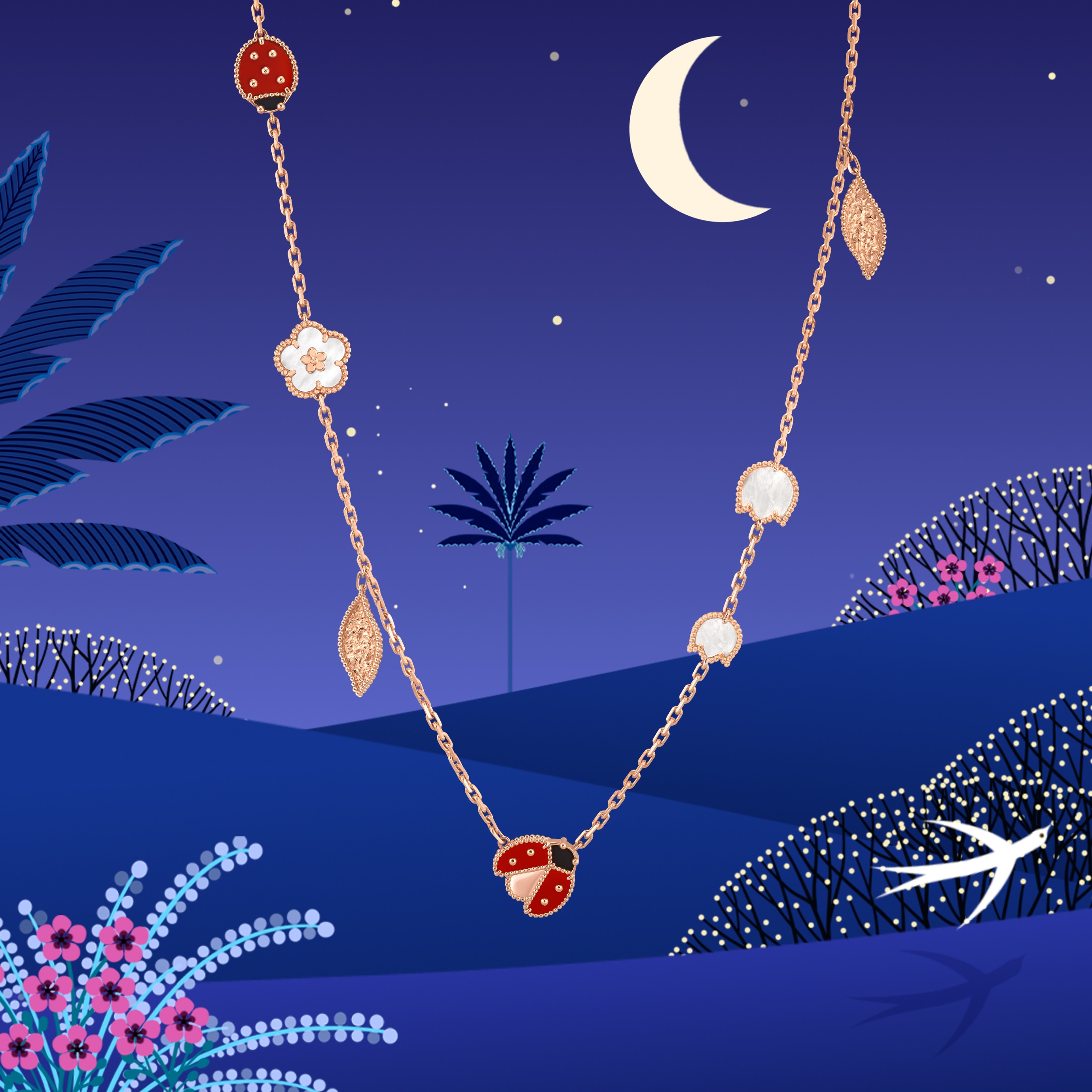 Lucky Spring long necklace, 15 motifs, 18K rose gold, white mother-of-pearl, carnelian, onyx. Lucky Spring collection, Van Cleef & Arpels.