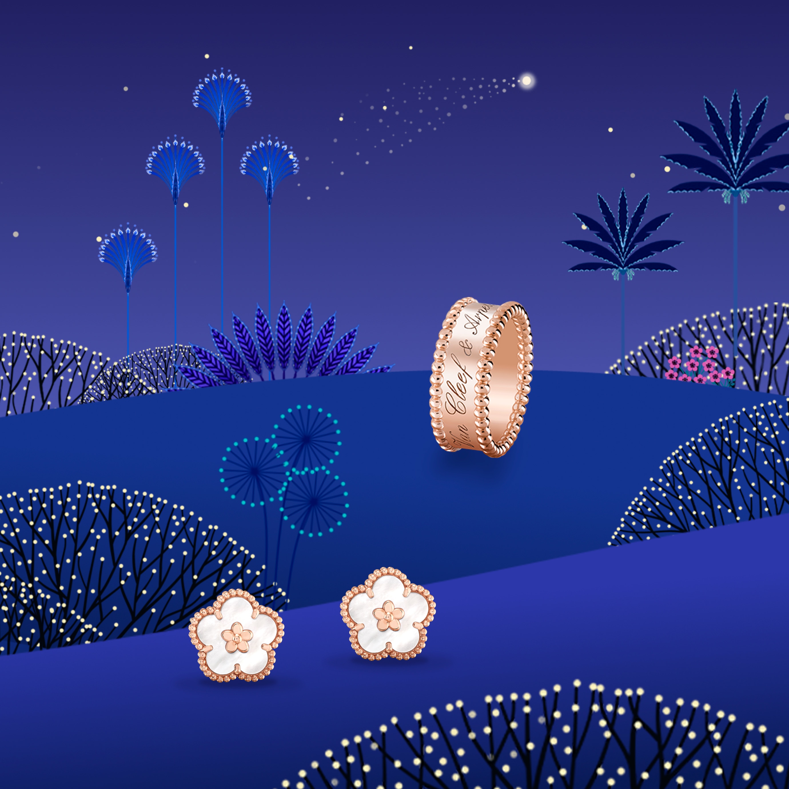 Perlée signature ring, 18K rose gold. Lucky Spring earrings, plum blossom, 18K rose gold, white mother-of-pearl. Perlée and Lucky Spring collections, Van Cleef & Arpels.