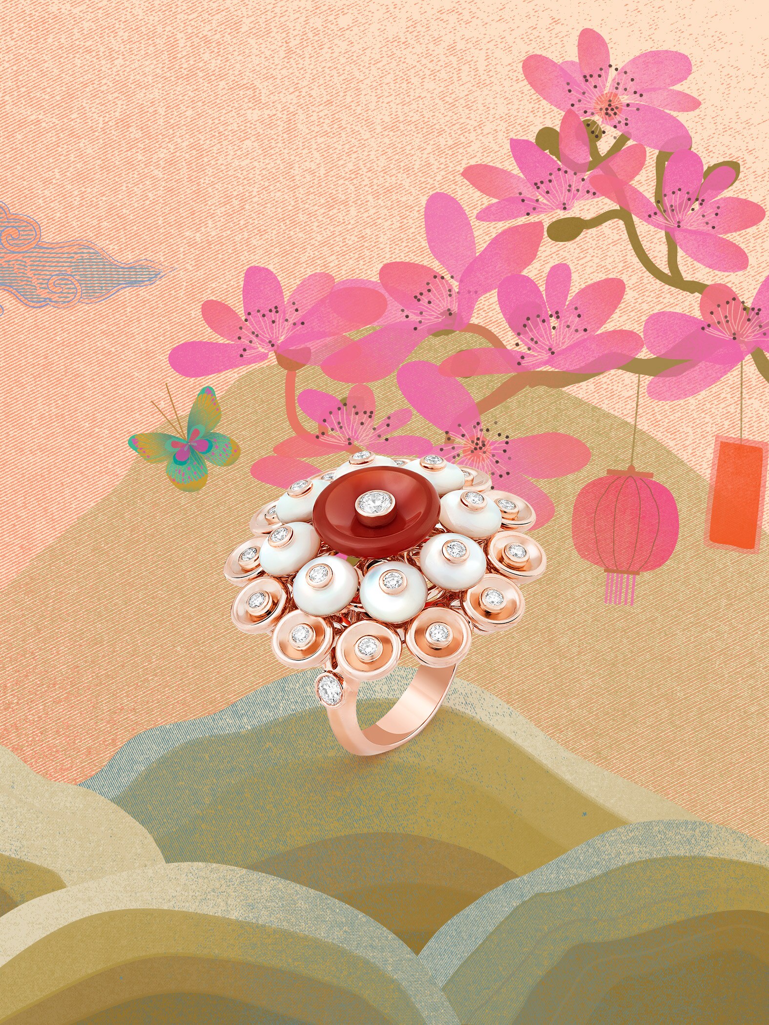 Bouton d'or戒指，18K玫瑰金，红玉髓，白色珍珠母贝，钻石。Bouton d'or系列，Van Cleef & Arpels梵克雅宝。