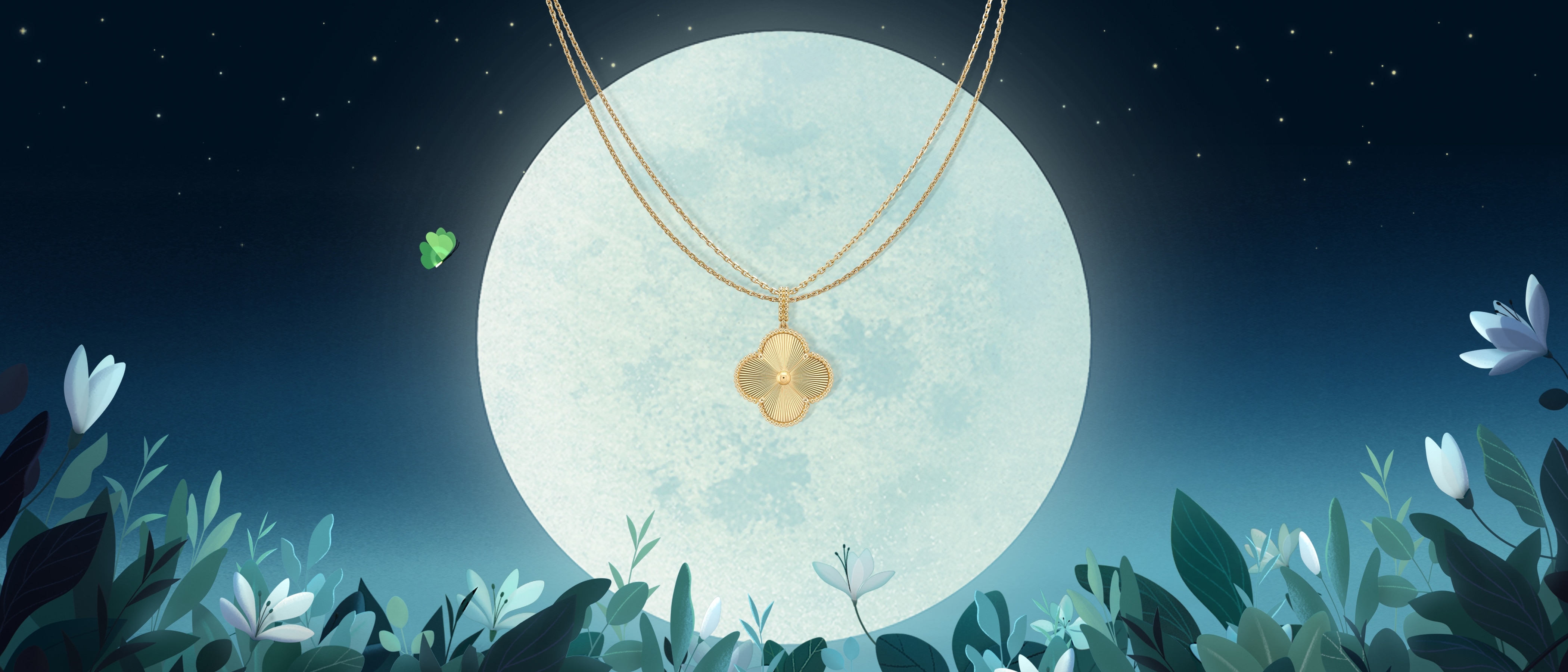 Magic Alhambra long necklace, 1 motif, guilloché 18K yellow gold. Alhambra collection, Van Cleef & Arpels.