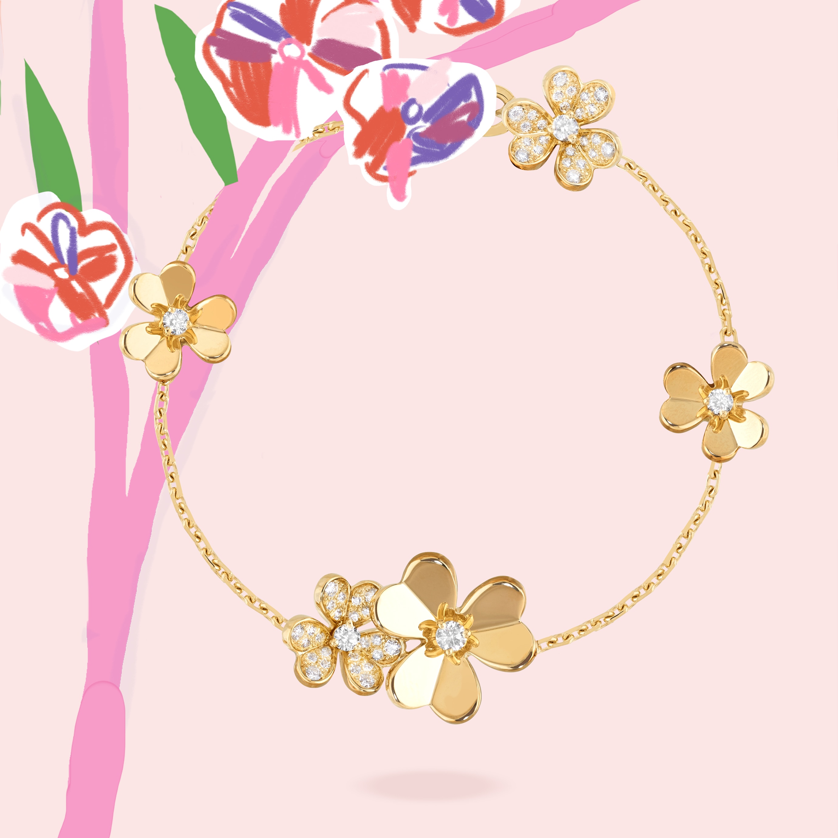 Frivole ring 8 flowers and Frivole bracelet, mini model, 18K yellow gold, diamonds. Frivole bracelet, mini model, 18K yellow gold, emerald. Frivole collection, Van Cleef & Arpels.