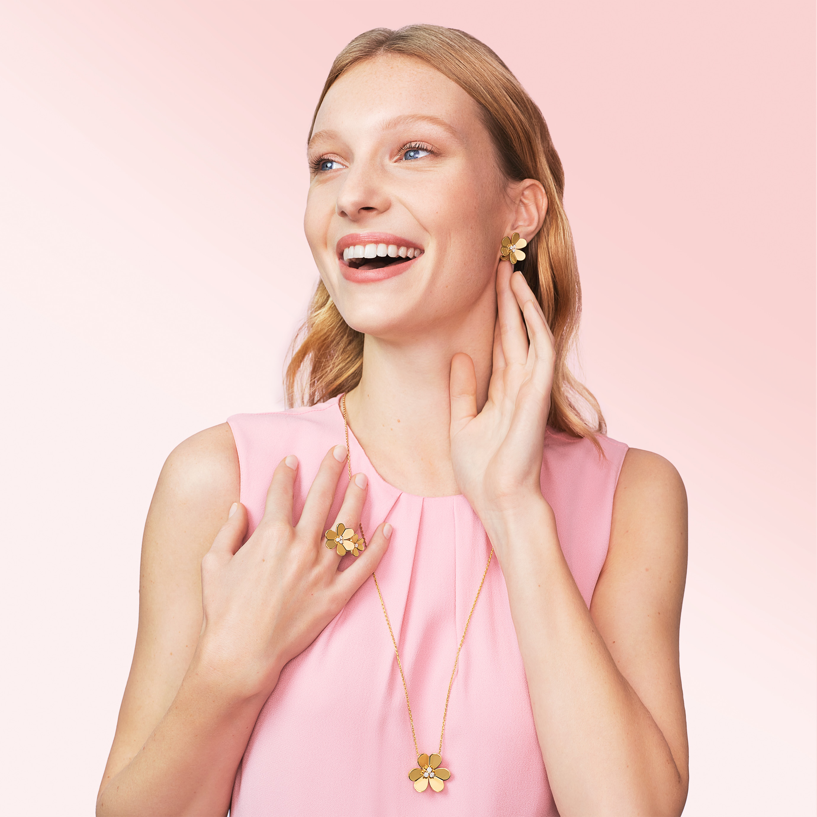 Frivole earrings large model, Frivole Between the Finger ring and Frivole clip pendant very large model, 18K yellow gold, diamonds. Frivole collection, Van Cleef & Arpels.