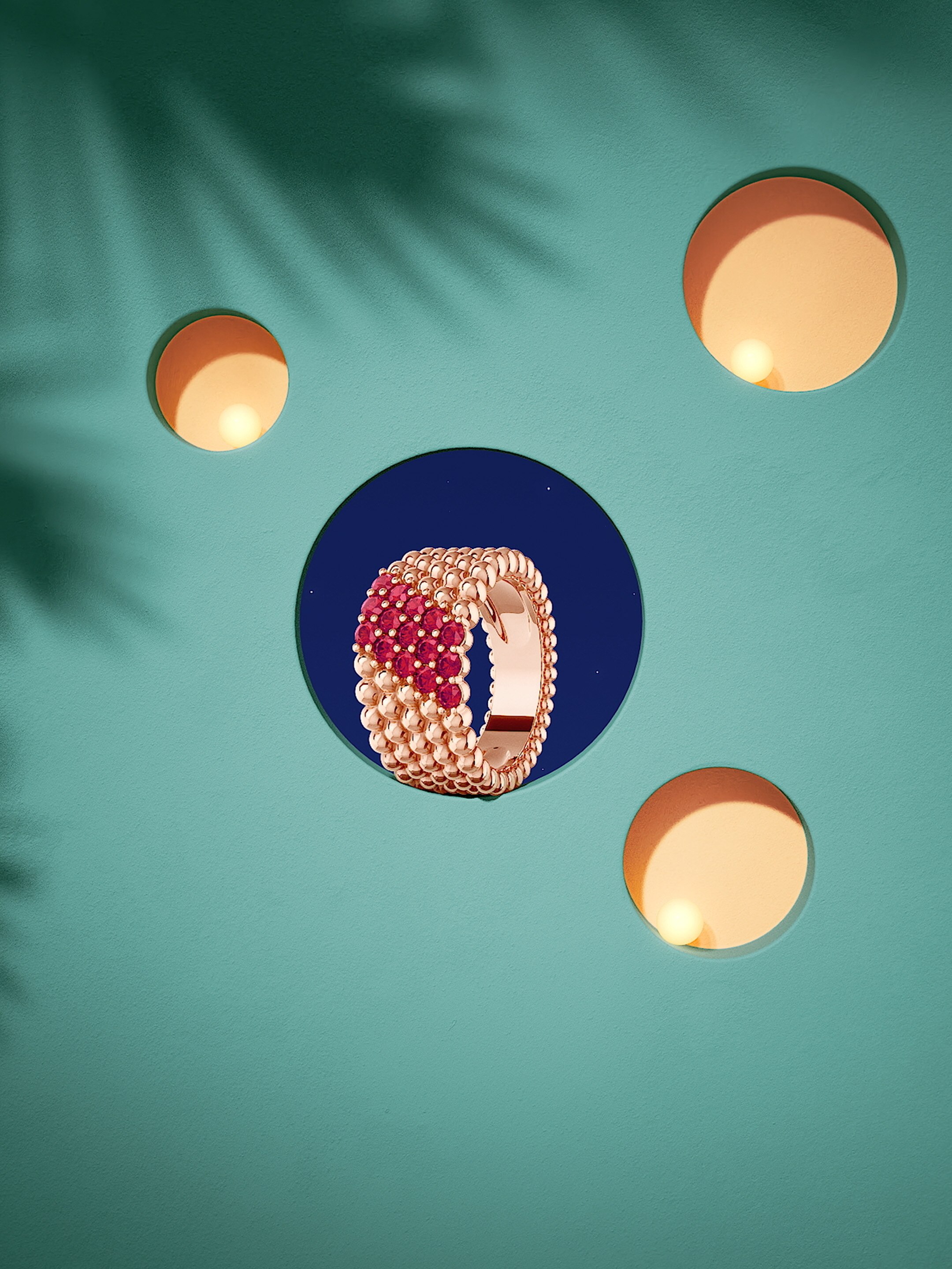 Perlée® couleurs ring, 5 rows, 18K rose gold, rubies. Perlée® collection, Van Cleef & Arpels.