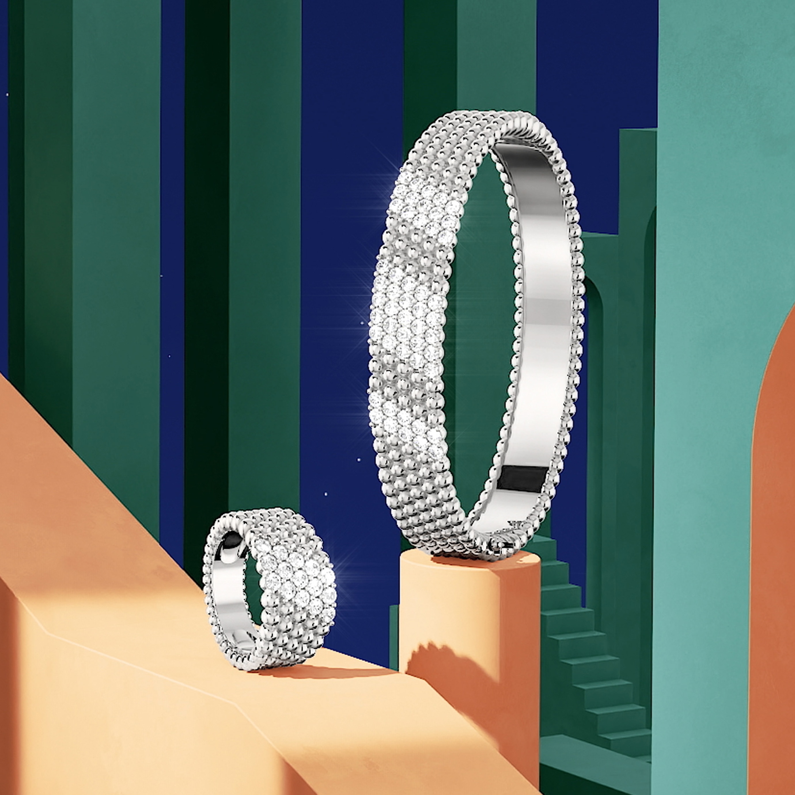 Perlée® diamonds bracelet and ring, 5 rows, rhodium plated 18K white gold, diamonds. Perlée® diamonds ring, 1 row, rhodium plated 18K white gold, diamonds. Perlée® collection, Van Cleef & Arpels.
