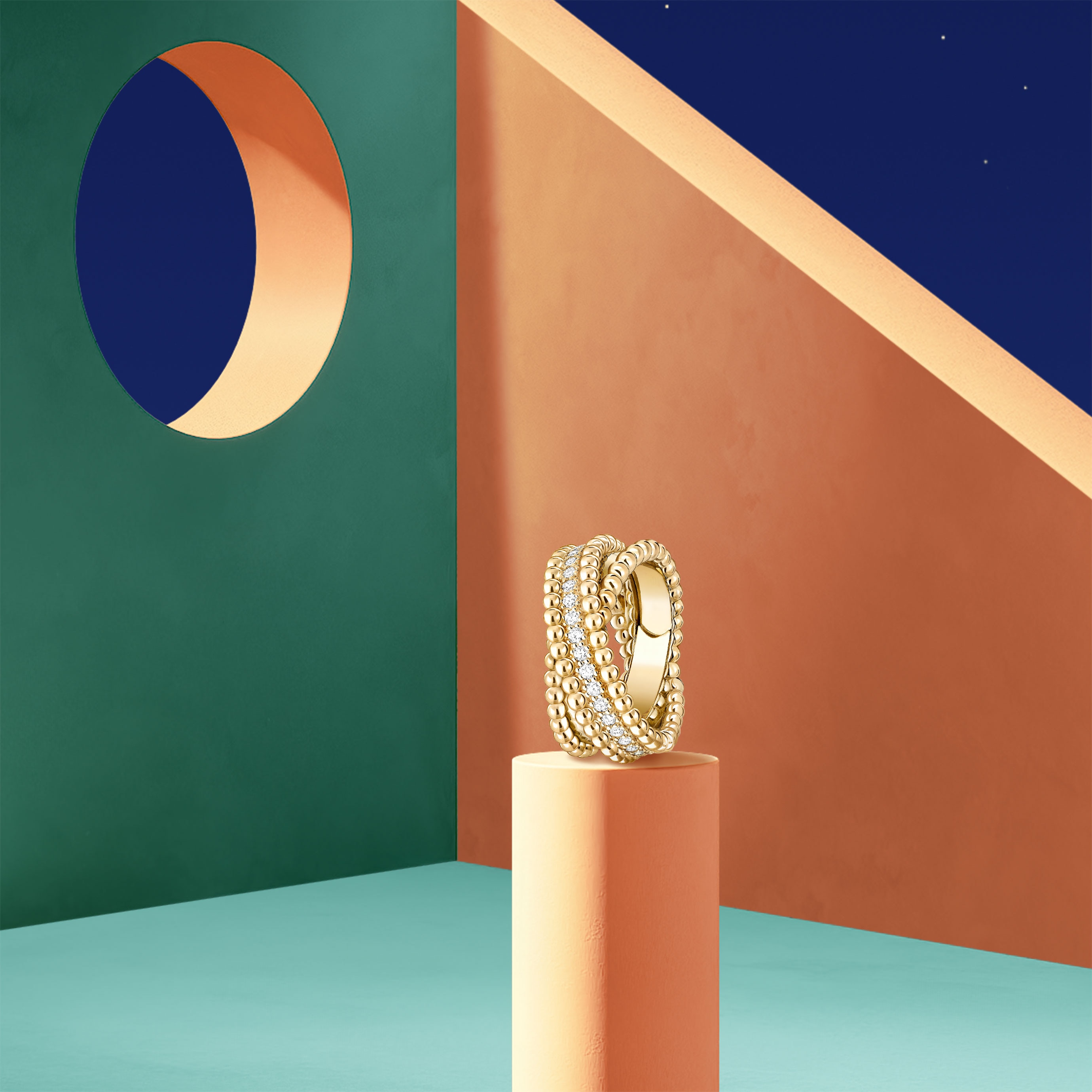 Perlée® sweet clovers bracelet, 18K rose gold, diamonds. Perlée® watch, 23 mm, 18K rose gold, guilloché white mother-of-pearl, Swiss quartz movement. Perlée® diamonds ring, 5 rows, 18K rose gold, diamonds. Perlée® couleurs ring, 5 rows, 18K rose gold, rubies. Perlée® collection, Van Cleef & Arpels.