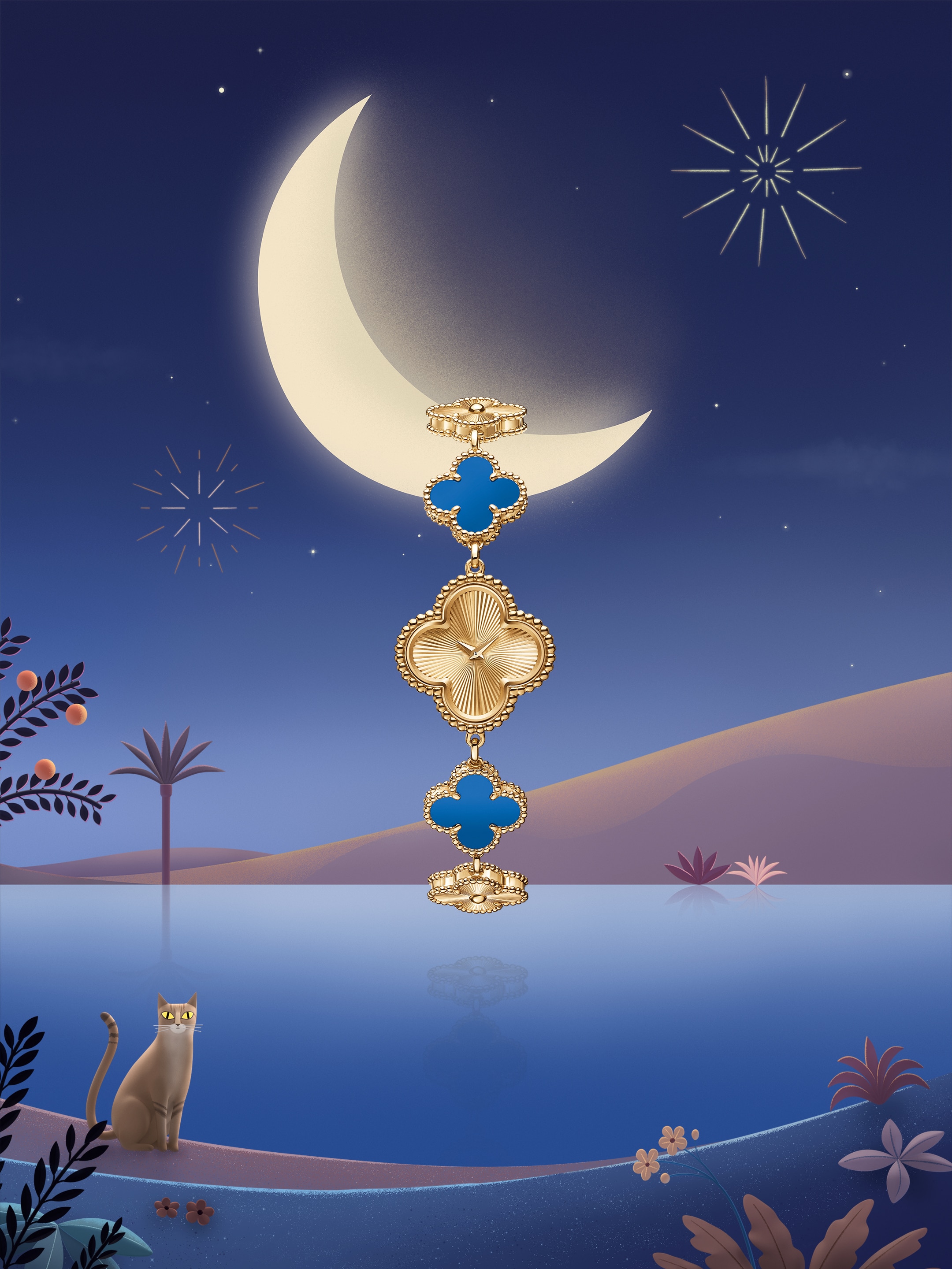 ساعة سويت ألامبرا، ذهب أصفر عيار 18 قيراط، عقيق أزرق، حركة كوارتز سويسرية. مجموعة ألامبرا، فان كليف أند آربلز