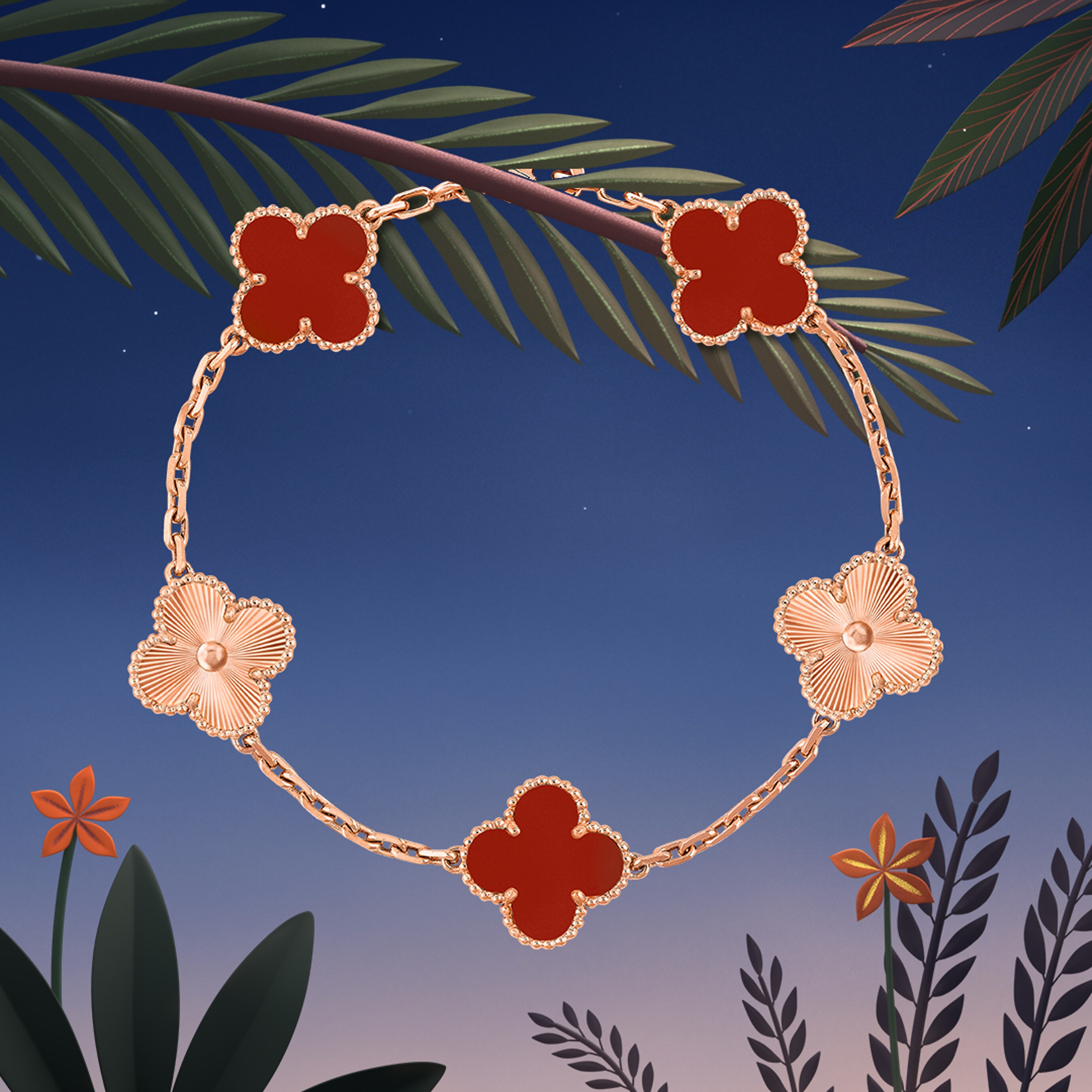 سوار ألامبرا عتيق، 5 زخارف، ذهب وردي عيار 18 قيراط، عقيق. مجموعة ألهامبرا، فان كليف أند آربلز