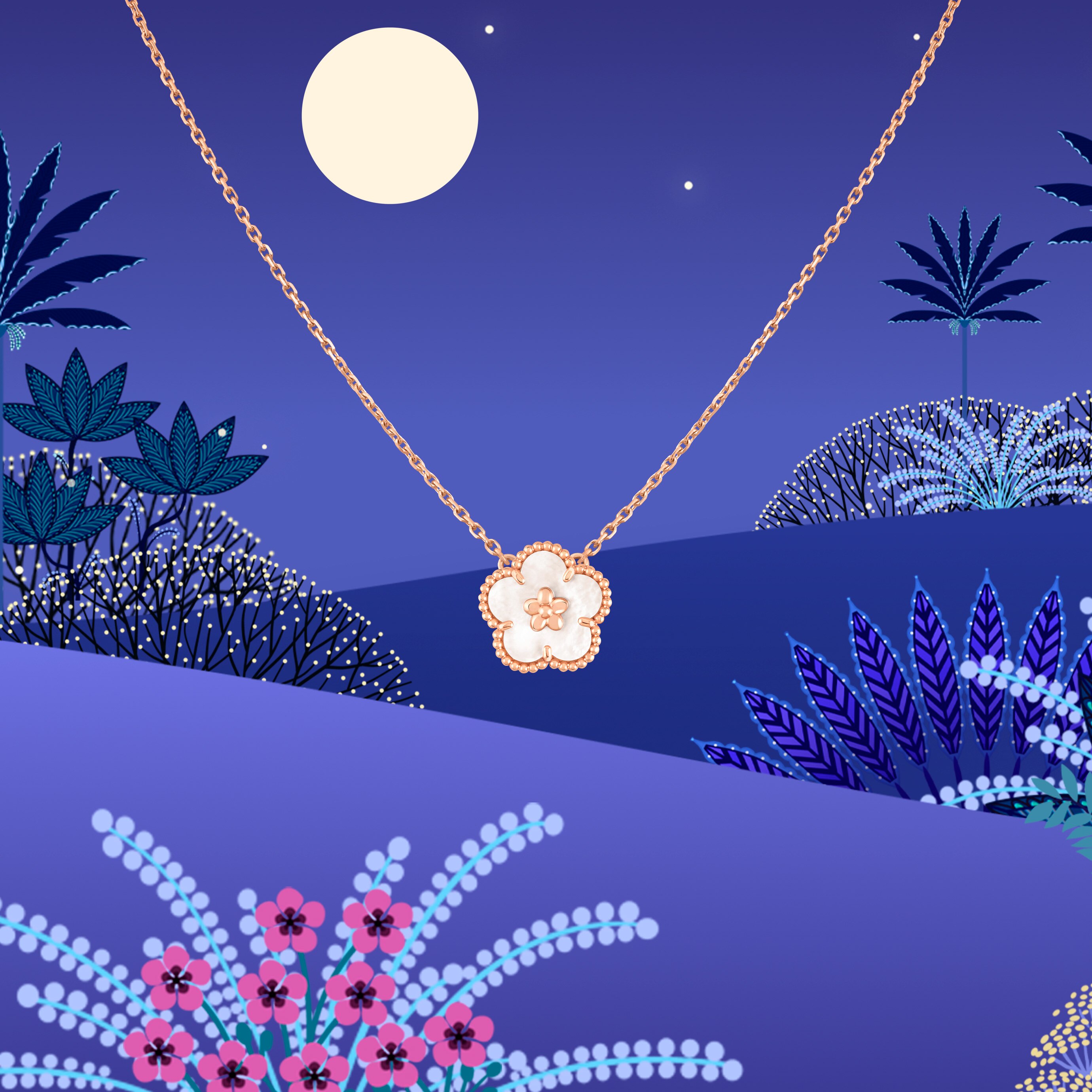 Lucky Spring pendant, plum blossom, 18K rose gold, white mother-of-pearl. Lucky spring collection, Van Cleef & Arpels.