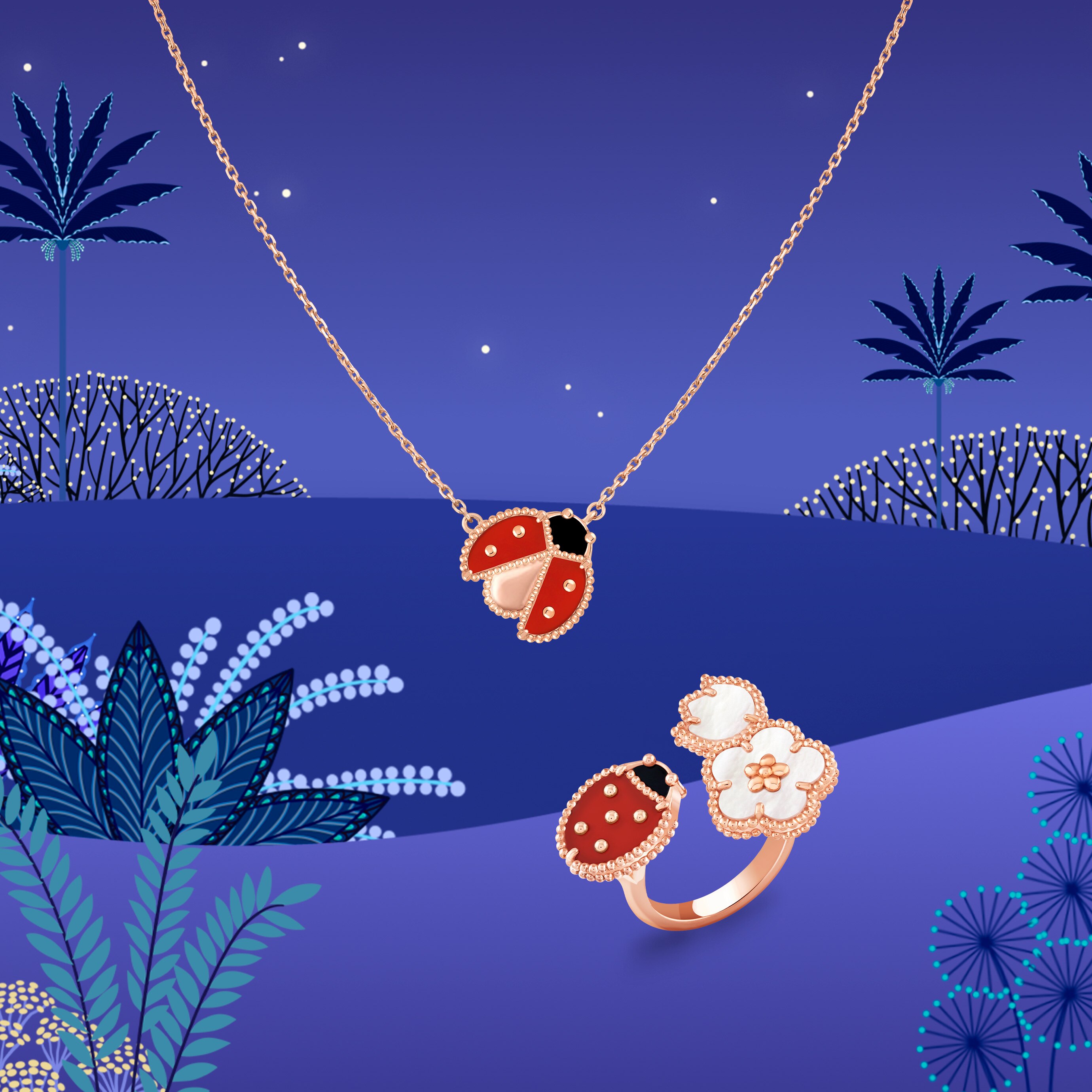 Lucky Spring pendant, open wings ladybug, 18K rose gold, carnelian, onyx and Between the Finger ring, 18K rose gold, white mother-of-pearl, carnelian, onyx. Lucky Spring collection, Van Cleef & Arpels.