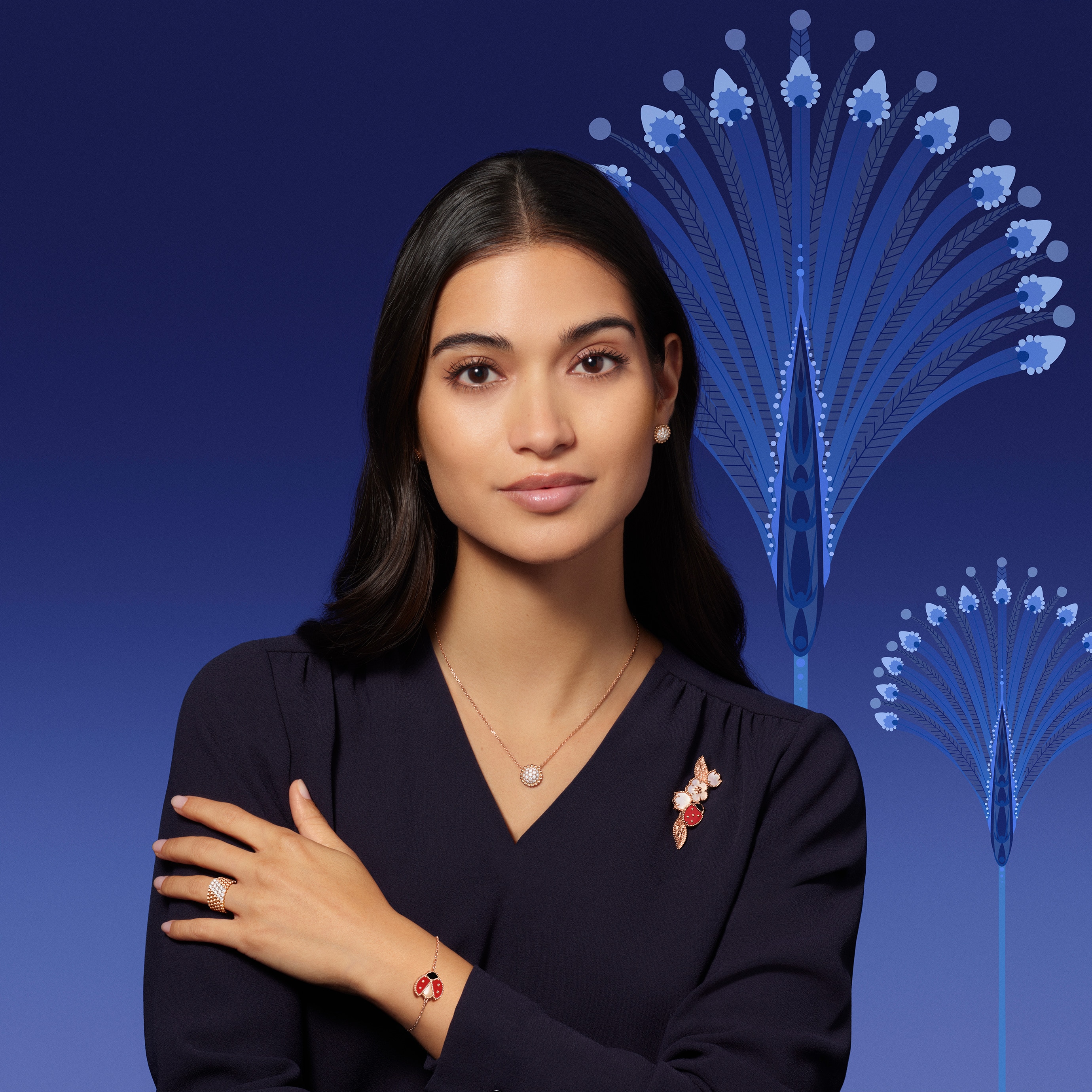 Perlée diamonds earrings, pendant and ring, 18K rose gold, diamonds. Lucky Spring bracelet, open wings ladybug, 18K rose gold, carnelian, onyx, Lucky Spring clip, 18K rose gold, white mother-of-pearl, carnelian, onyx. Perlée and Lucky Spring collection, Van Cleef & Arpels.