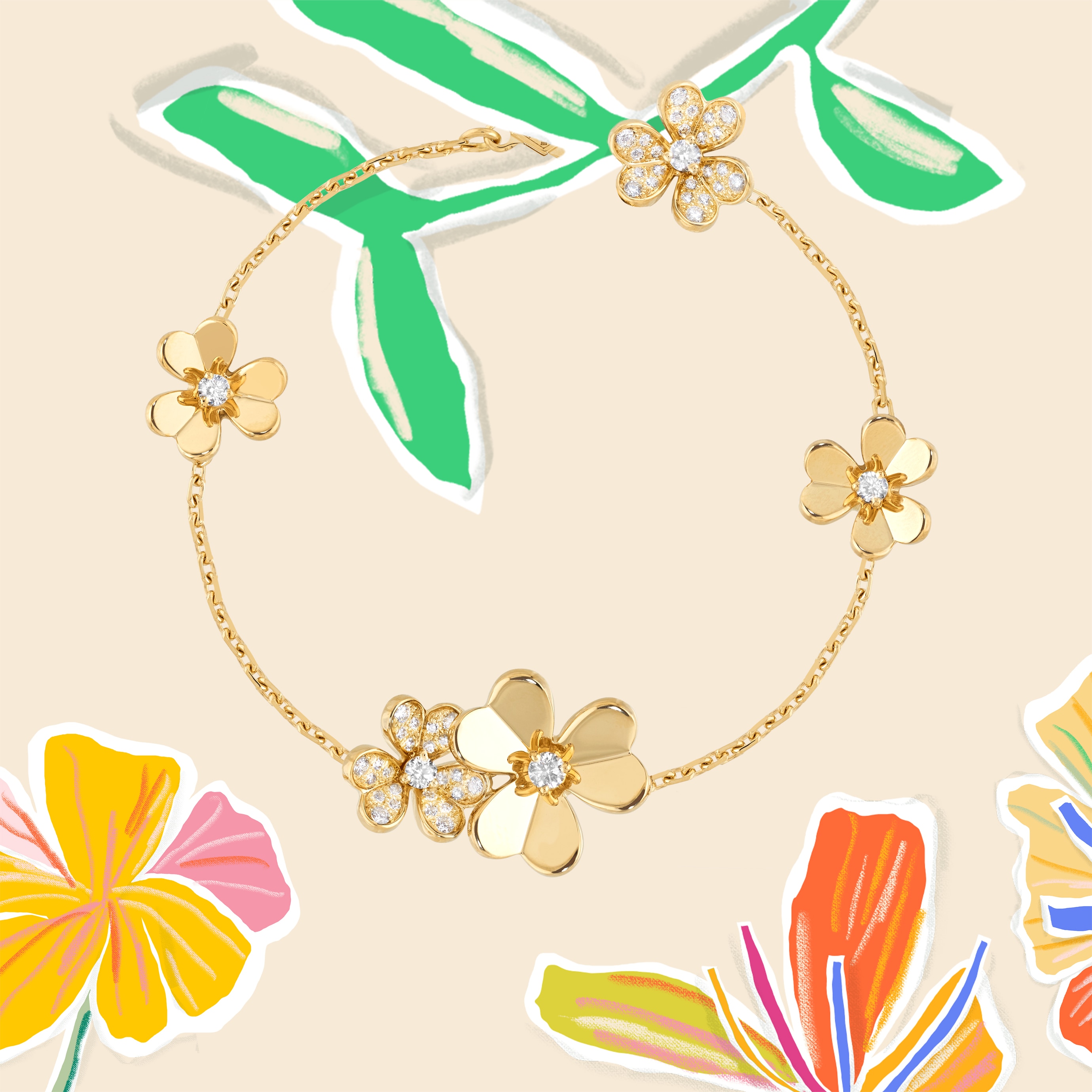 Pulseira Frivole, 5 flores. Ouro amarelo 18 quilates, diamantes. Coleção Frivole, Van Cleef & Arpels.