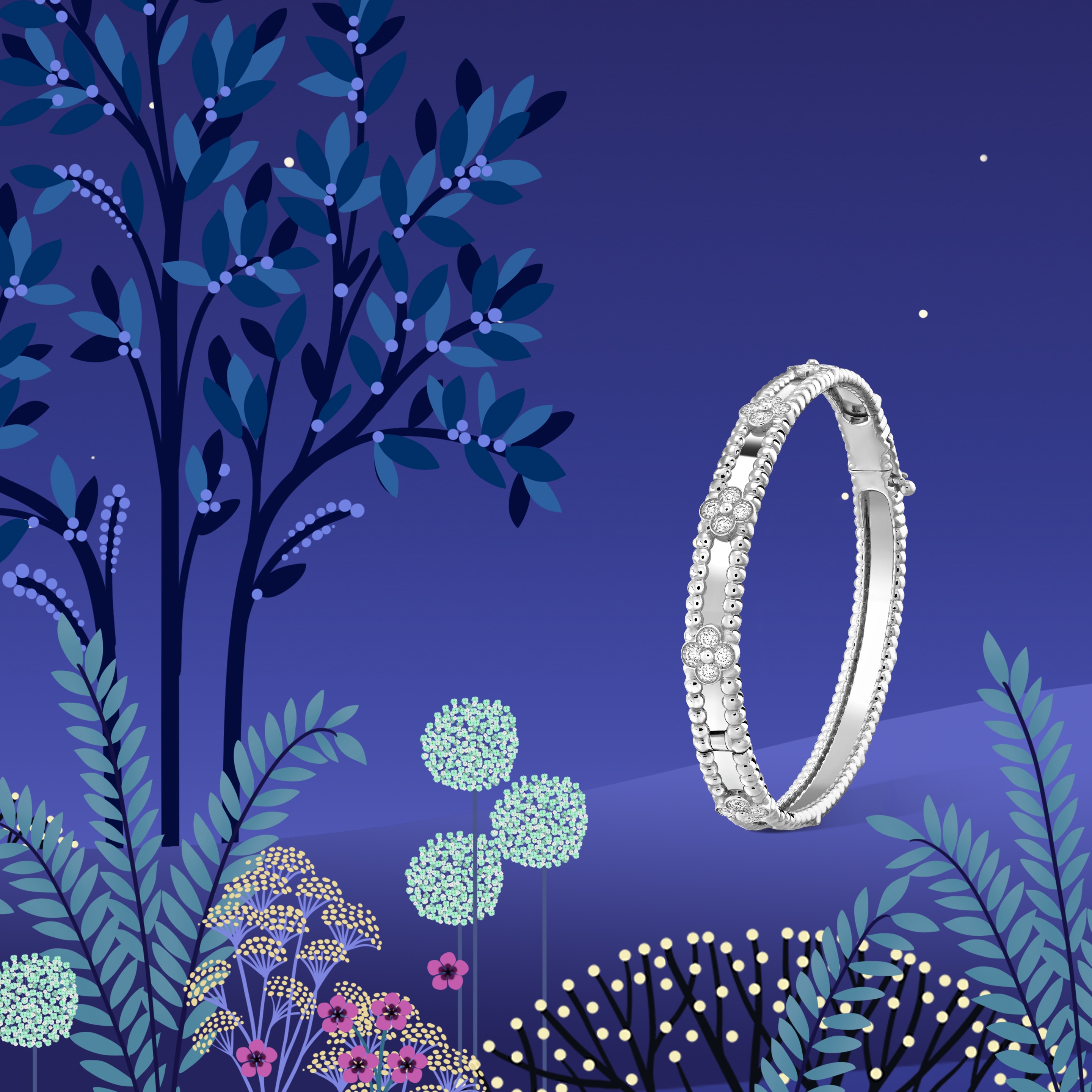 Perlée® sweet clovers bracelet, rhodium plated 18K white gold, diamonds. Perlée® collection, Van Cleef & Arpels.