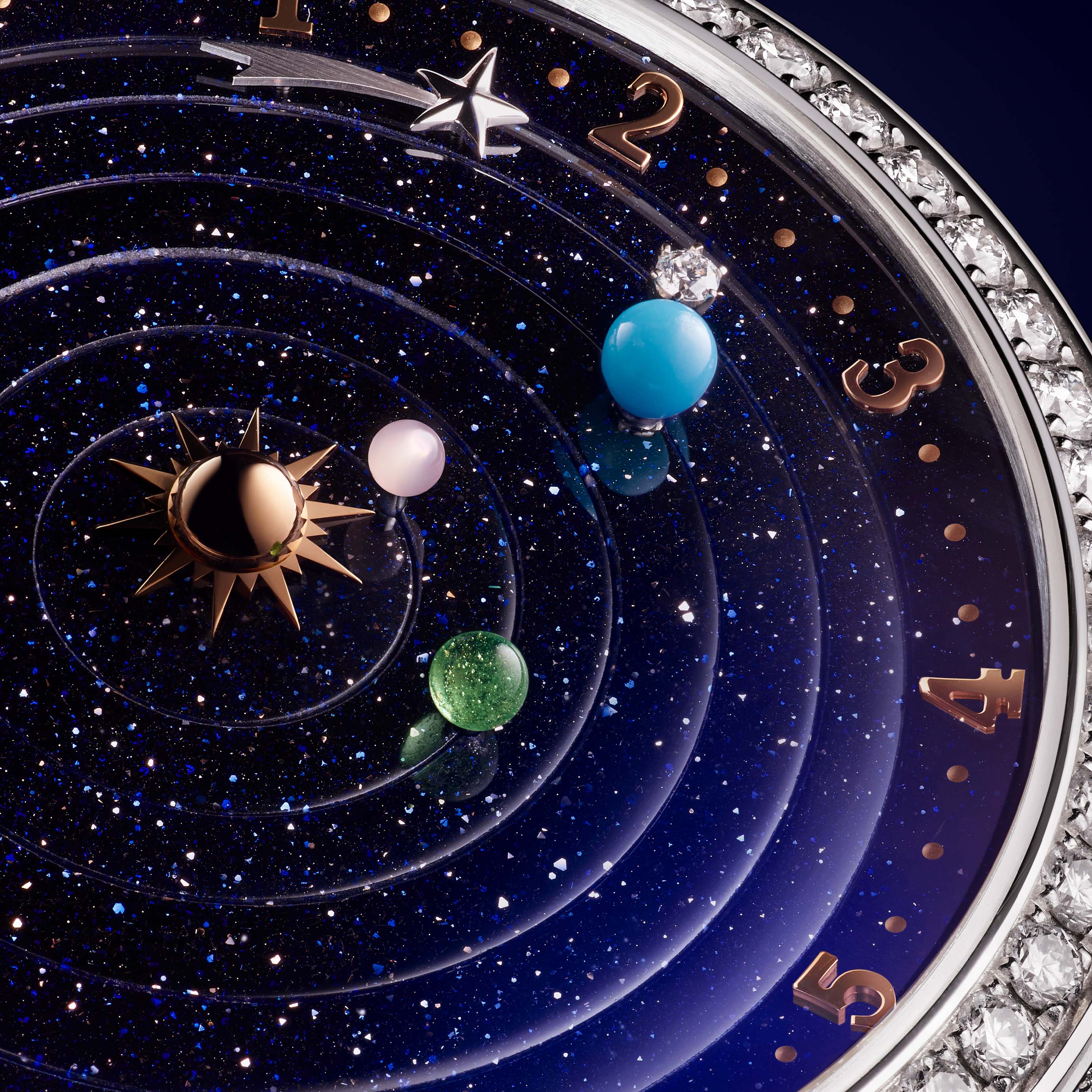 Lady Arpels Planétarium watch, 18K white and rose gold, diamonds, aventurine, pink mother-of-pearl, enamel, turquoise. Poetic Complications collection, Van Cleef & Arpels.