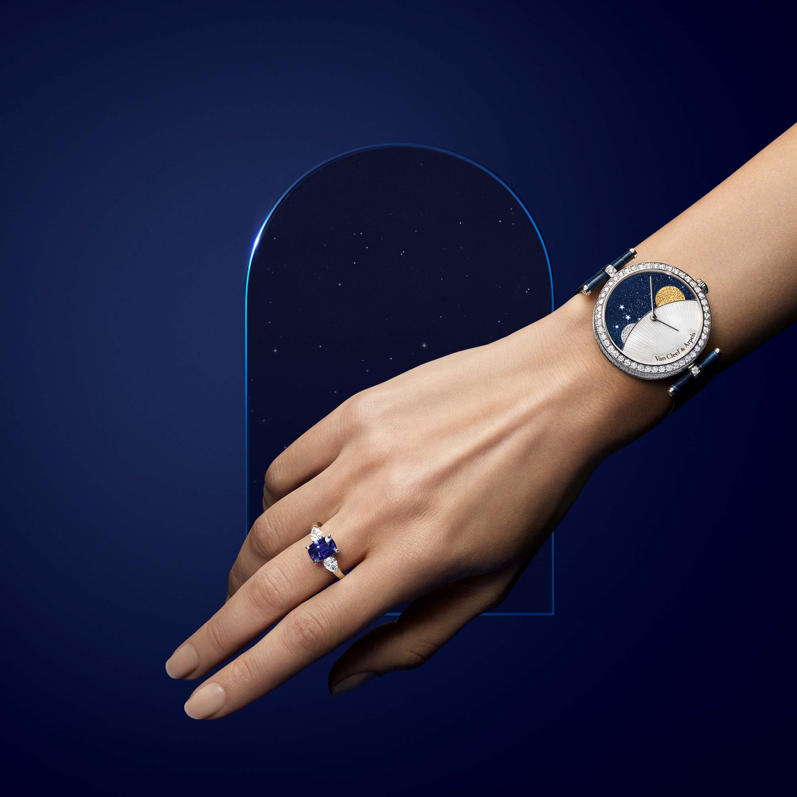 Lady Arpels Day and Night Watch, 18K white and yellow gold, diamonds, yellow sapphires, aventurine, mother-of-pearl. Poetic Complications collection, Van Cleef & Arpels.