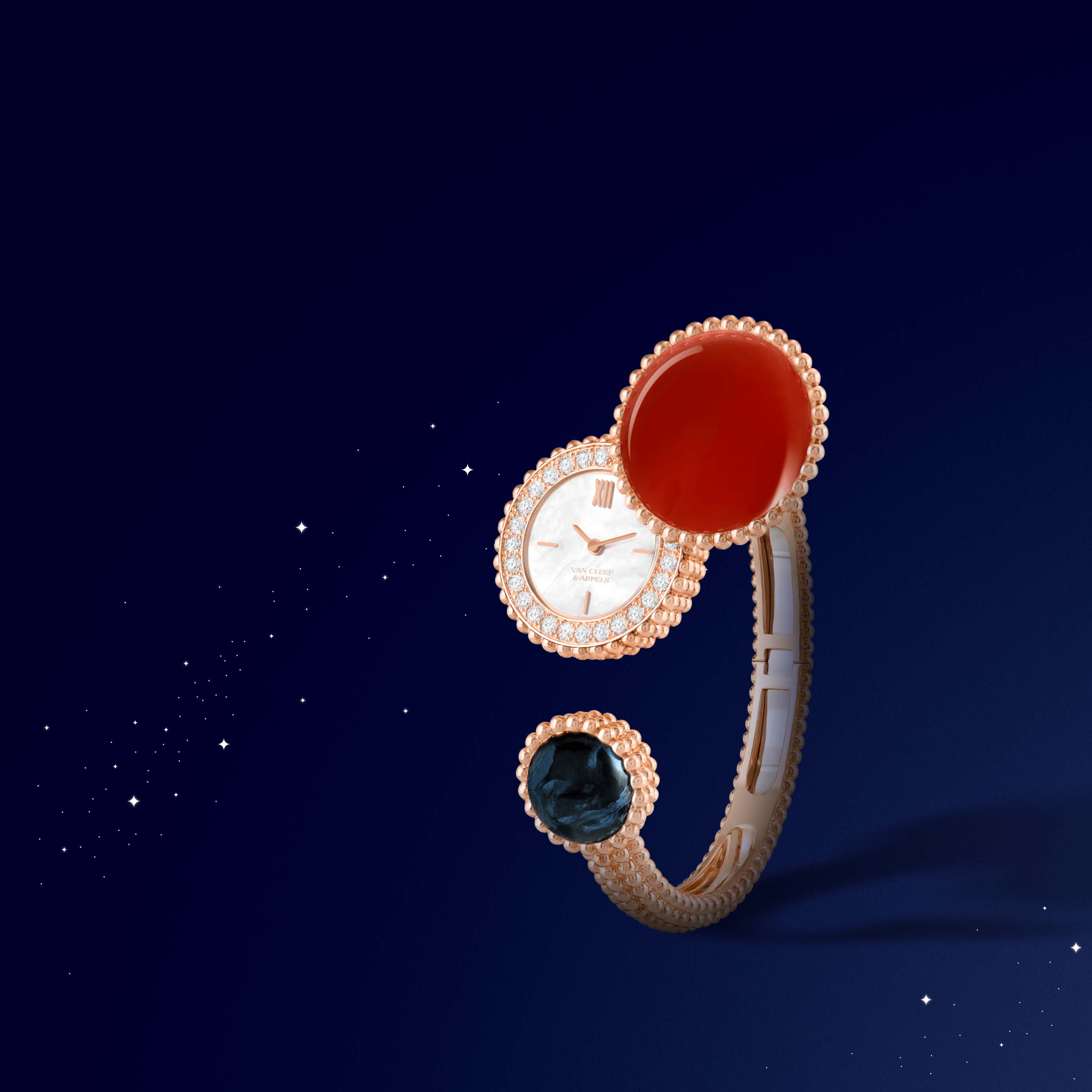 Perlée Toi & Moi secret watch, 18K rose gold, diamonds, carnelian, black pietersite, white mother-of-pearl. Perlée collection, Van Cleef & Arpels.