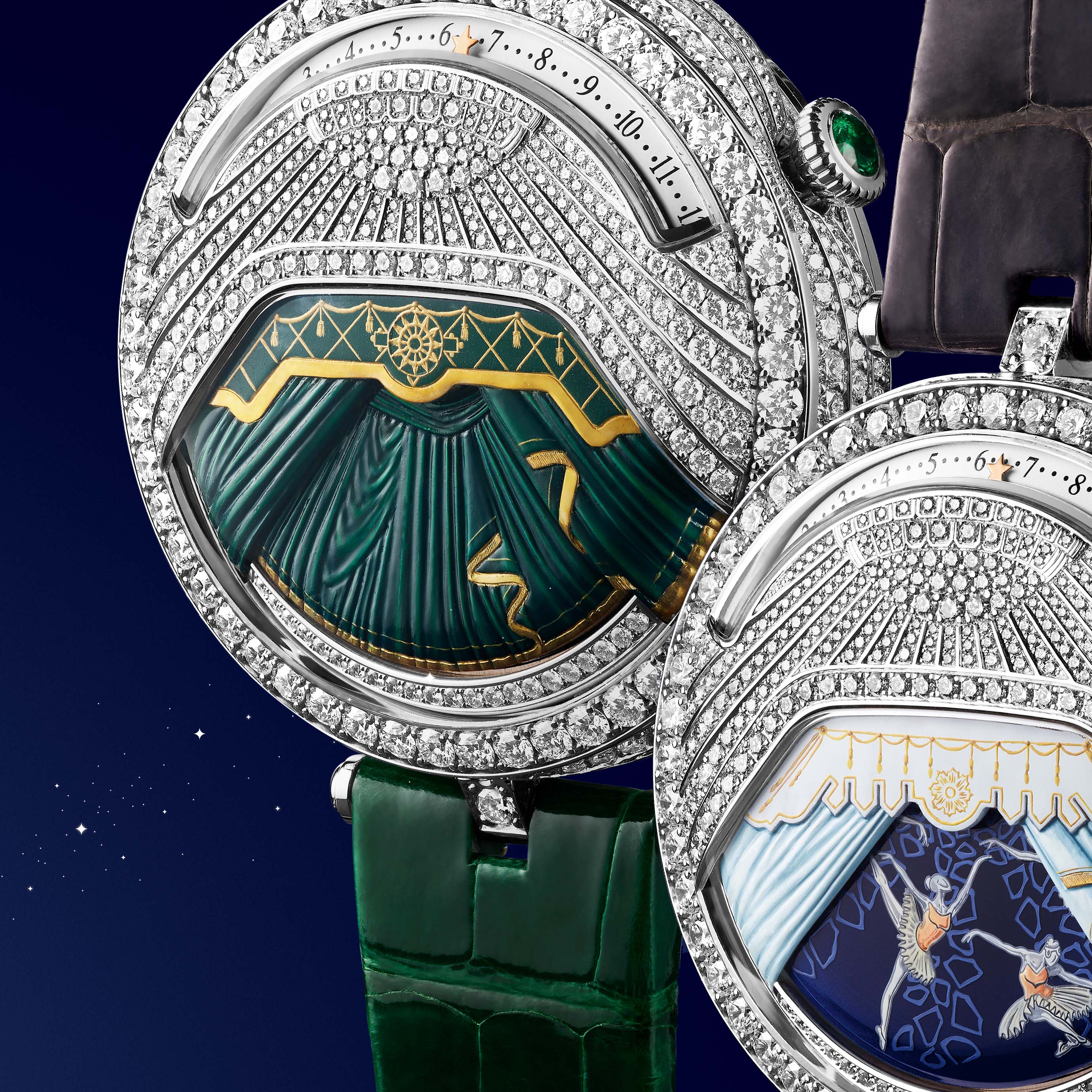 Montre Lady Arpels Ballerine Musicale Emeraude, or blanc, diamants, emeraude et Montre Lady Arpels Ballerine Musicale Diamant, or blanc, diamants. Collection Complications Poétiques, Van Cleef & Arpels.