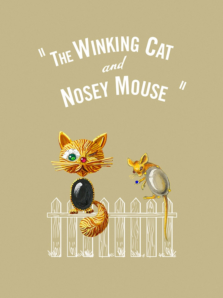 Drawing of a Winking cat clip, circa 1954 - Van Cleef & Arpels <br />Drawing of two Mouses brooches, circa 1945-1950 - Van Cleef & Arpels