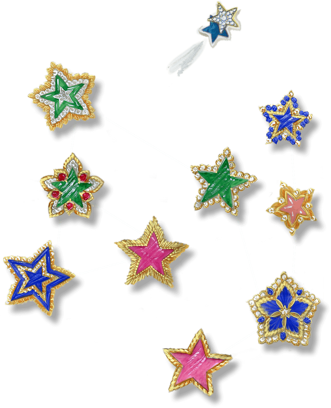 Etoiles胸针设计图,约1970年 - Van Cleef & Arpels<br /> Etoiles胸针设计图,约1990年 - Van Cleef & Arpels