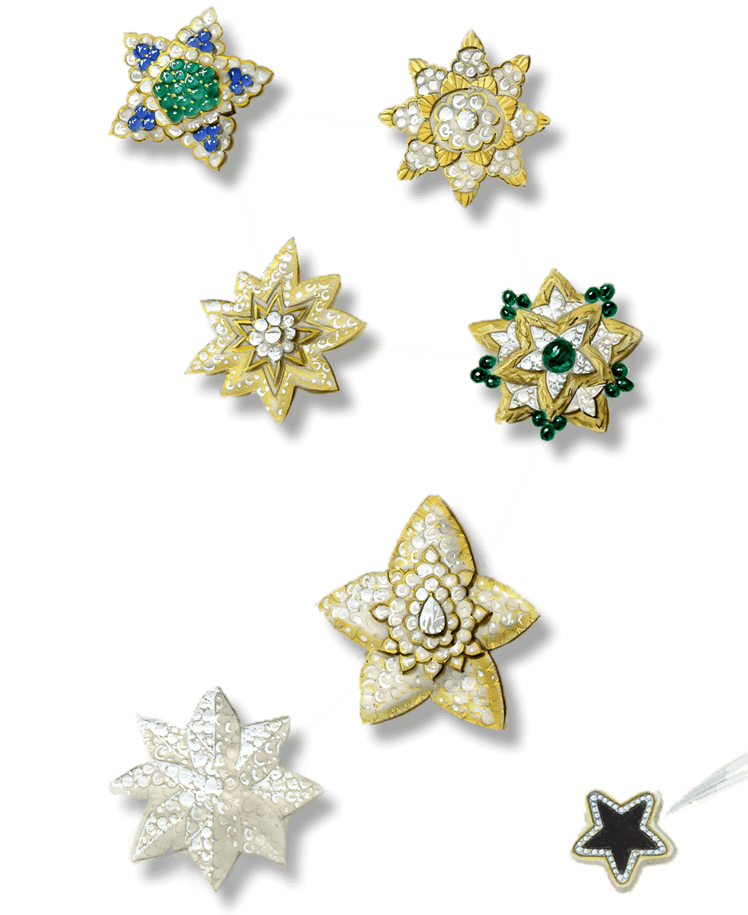 Etoiles胸针设计图,约1970年 - Van Cleef & Arpels<br />Etoile胸针设计图,约1990年 - Van Cleef & Arpels