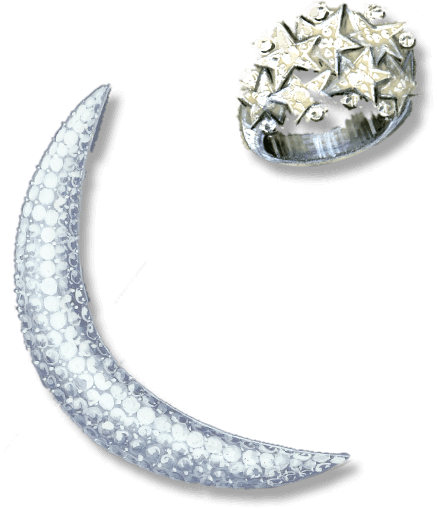 Moon胸针设计图,约1990年 - Van Cleef & Arpels<br />Etoiles戒指设计图,约1945年 - Van Cleef & Arpels